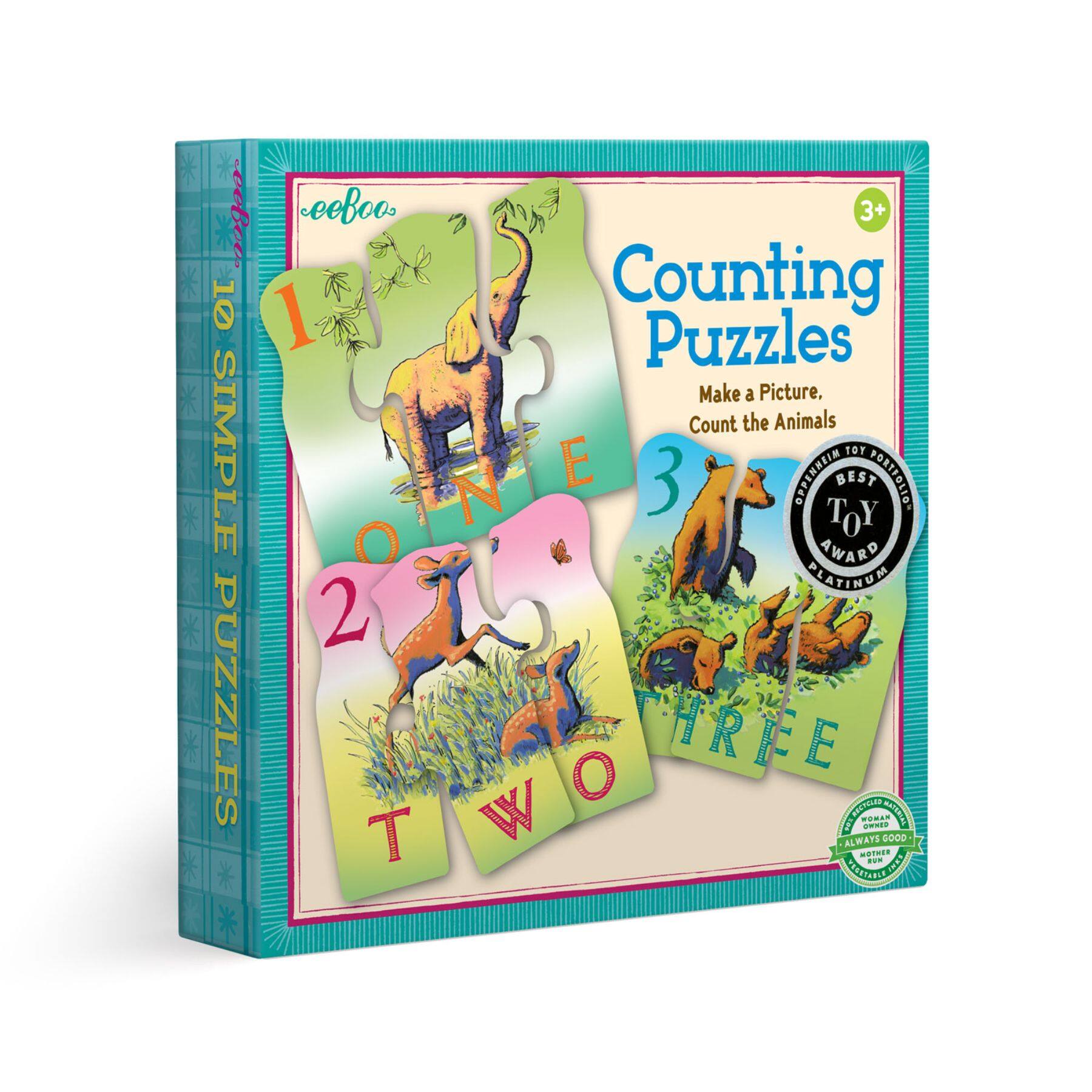 Counting Puzzles: Make a Picture, Count the Animals  
10 SIMPLE PUZZLES  
3+  
eeBoo  
BEST TOY AWARD PLATINUM  
TWO THREE  
ALWAYS RECYCLED  
OWNED  
GOOD MATERIAL INKS