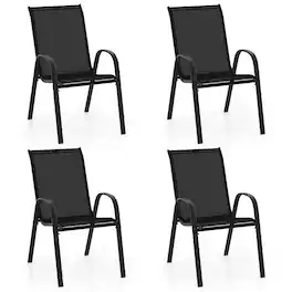 Costway - Set of 4 Patio Dining Chairs Stackable Armrest Space Saving Garden Black - Black/Grey