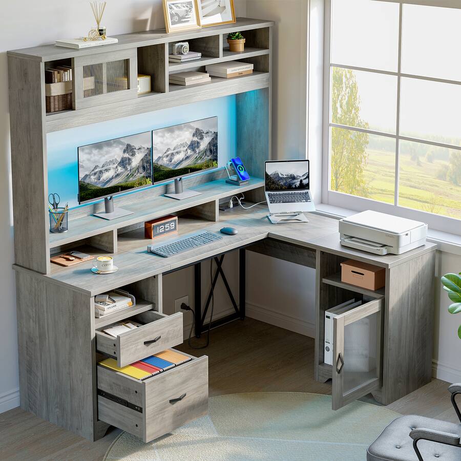 Bestier 63 inch Hutch L Shaped Desk with Monitor Stand & Drawers, LED ...