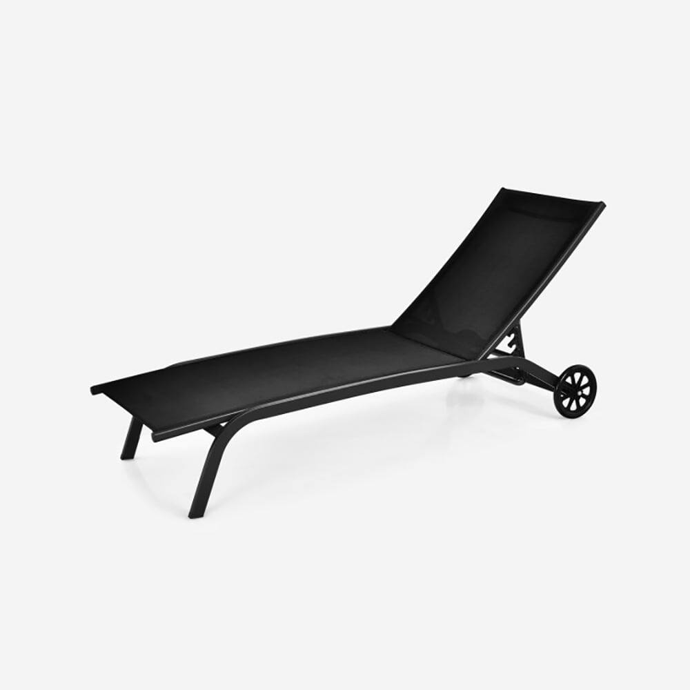 Back. Pefilos - Patio Lounge Chair, 6-Poisition Adjustable Outdoor Chaise Recliner with Wheels-Black Cushion - Black.