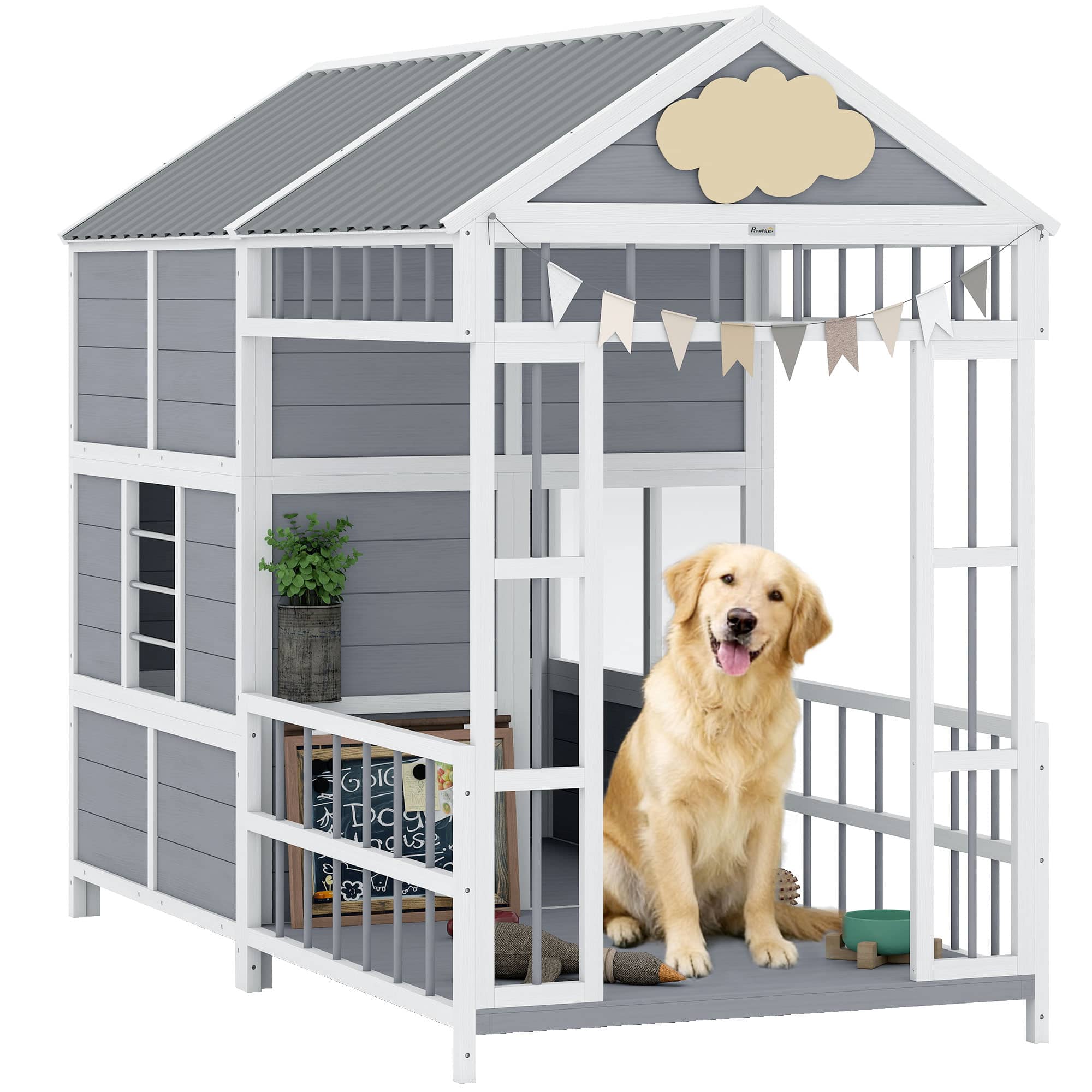 Pawhut - Large Dog House Outdoor, Wooden Dog Kennel with Porch, Storage Cabinet - Gray price history on PriceWatchPro
