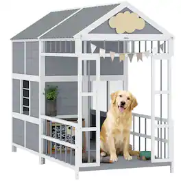 Pawhut - Large Dog House Outdoor, Wooden Dog Kennel with Porch, Storage Cabinet - Gray