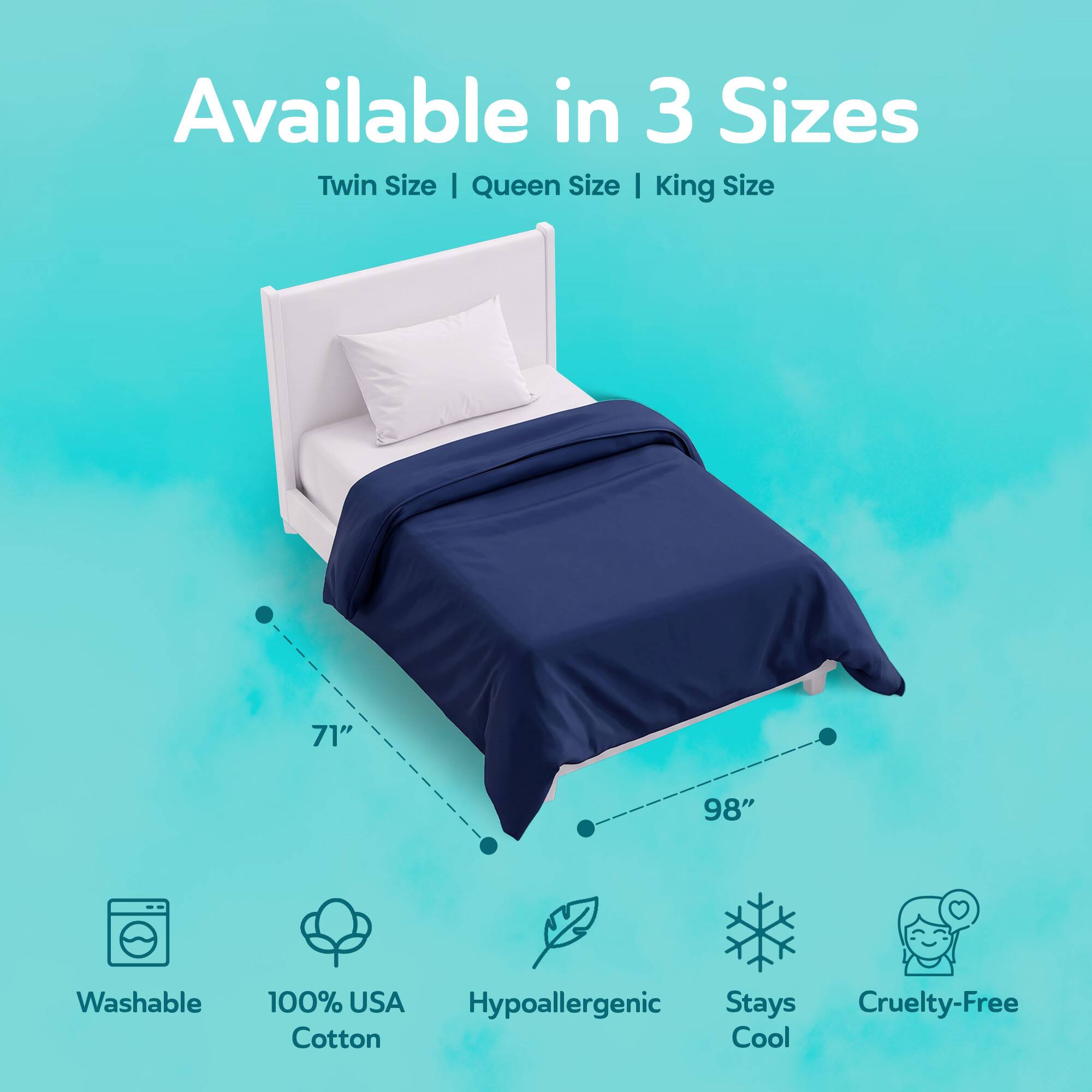 Available in 3 Sizes: Twin Size | Queen Size | King Size

71" x 98"

- Washable
- 100% USA Hypoallergenic Cotton
- Stays Cool
- Cruelty-Free