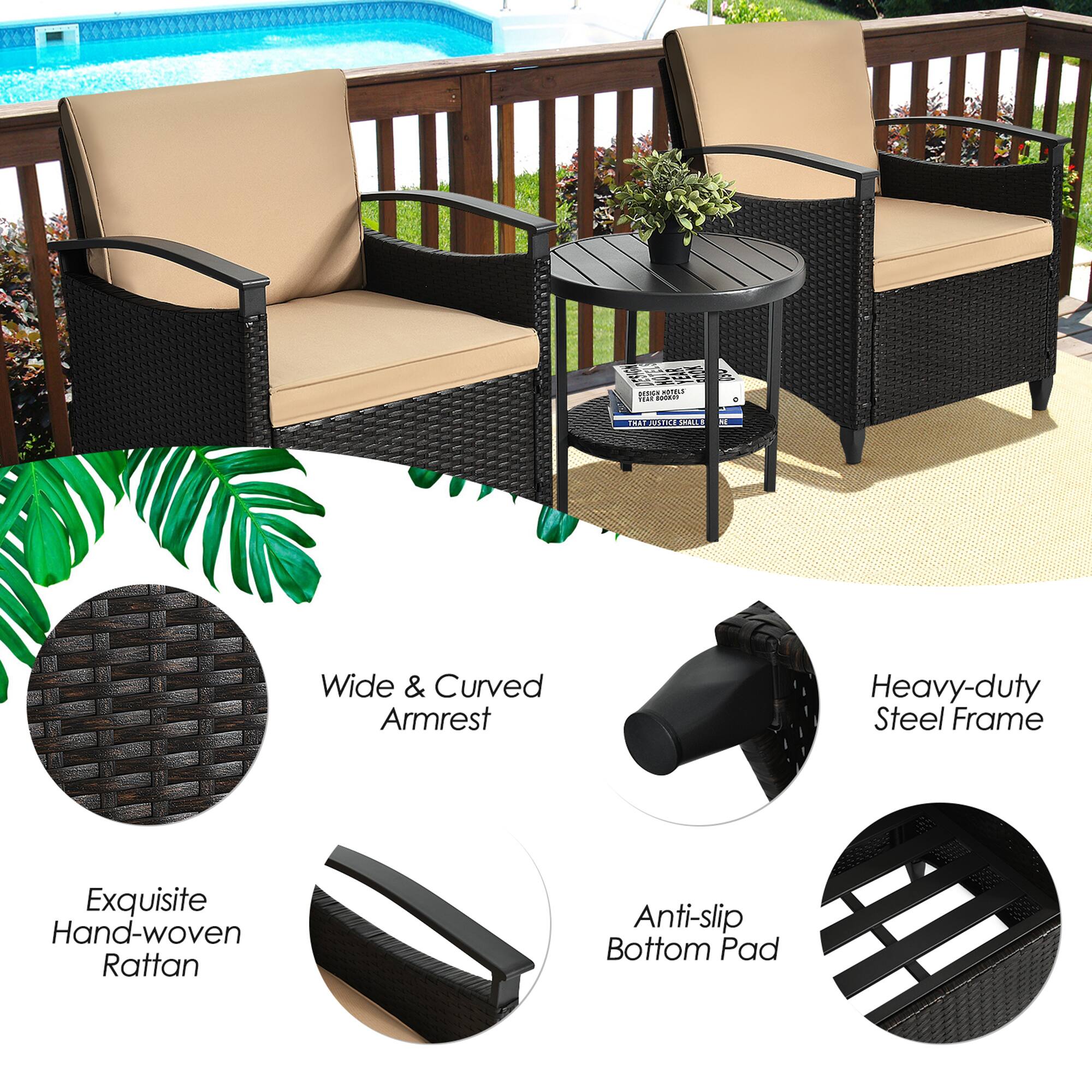 - Wide & Curved Armrest
- Exquisite Hand-woven Rattan
- Heavy-duty Steel Frame
- Anti-slip Bottom Pad