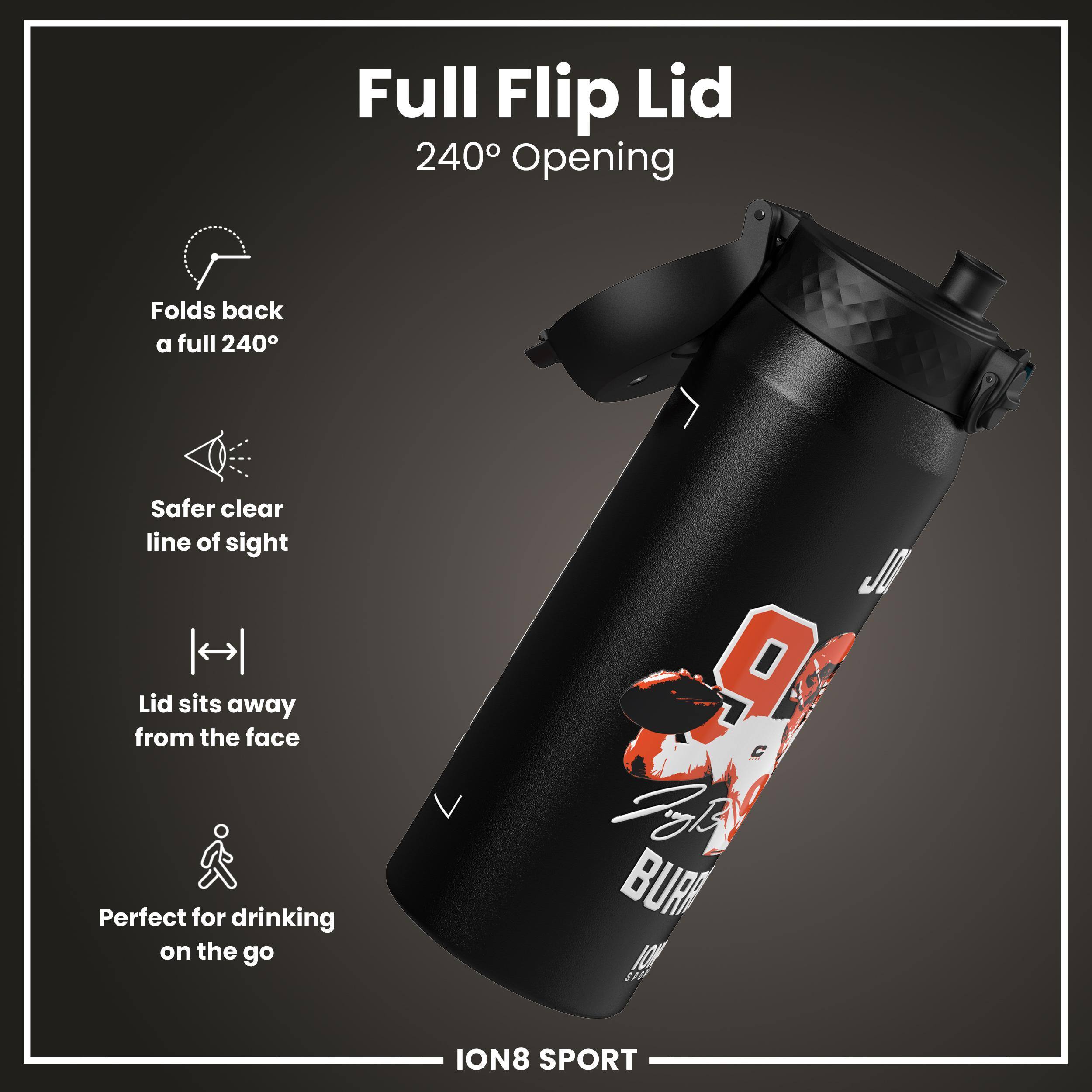 Full Flip Lid  
240° Opening  

- Folds back a full 240°  
- Safer clear line of sight  
- Lid sits away from the face  
- Perfect for drinking on the go  

ION8 SPORT