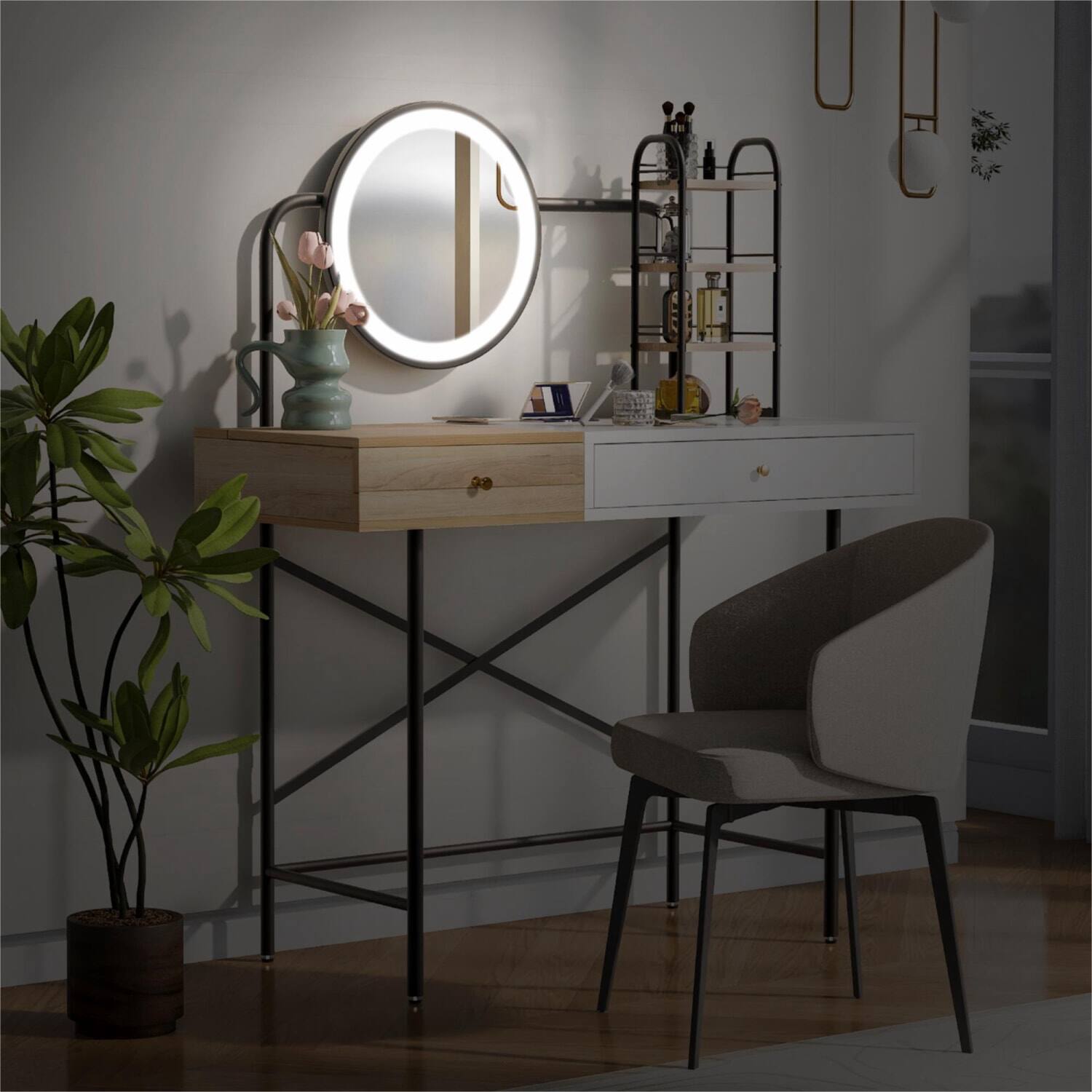 Angle. Lirago - White Dresser Table Desk with 3-Mode Lighted Mirror Wood Dressing Table with Charging 18.89”D x 40.55“ W x 50.4“ H - White.