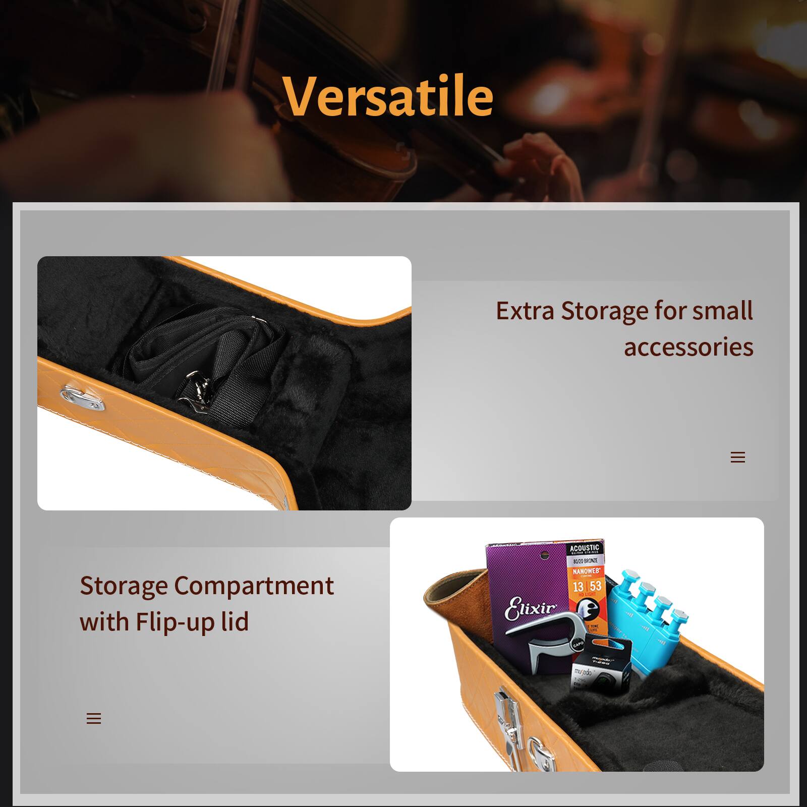 Versatile

Extra Storage for small accessories

Storage Compartment with Flip-up lid

ACOUSTIC LOUBONT RANOWES 13 53 Elixir P