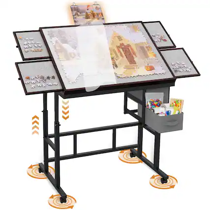 Front. JETRANSPORT - Jigsaw Puzzle Table With Drawers * 6 1500pcs Adjustable Height And Five Up Angles Tables For Adults Cover Whee - Brown.
