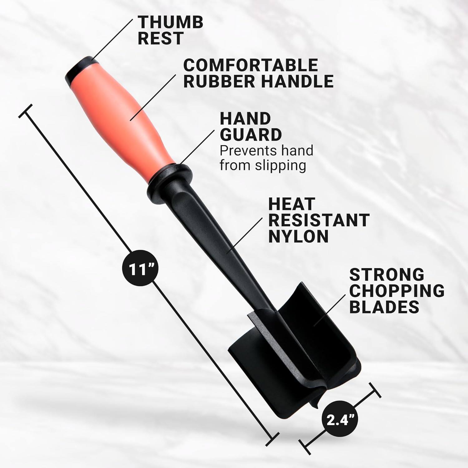 THUMB REST, COMFORTABLE RUBBER HANDLE, HAND GUARD, Prevents hand from slipping, HEAT RESISTANT NYLON, 11", STRONG CHOPPING BLADES, 2.4"