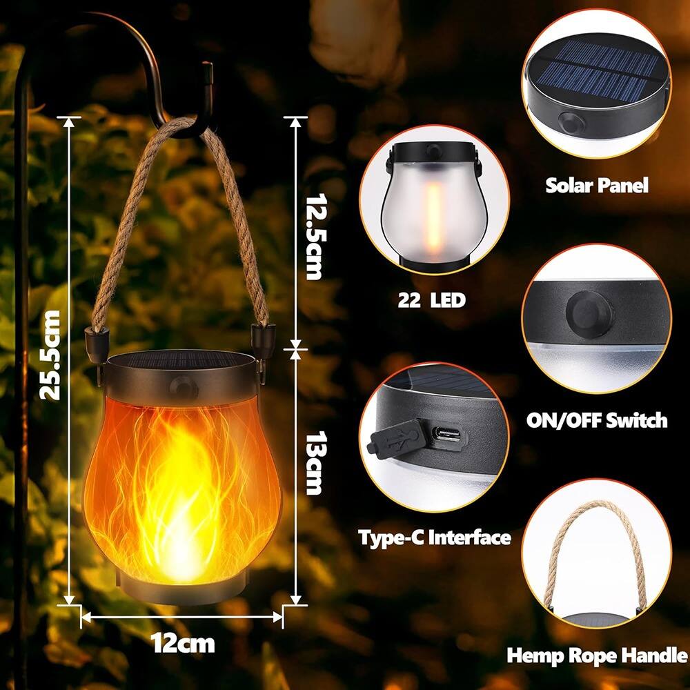 - 25.5cm
- 12.5cm
- 13cm
- 12cm

- Solar Panel
- 22 LED
- ON/OFF Switch
- Type-C Interface
- Hemp Rope Handle