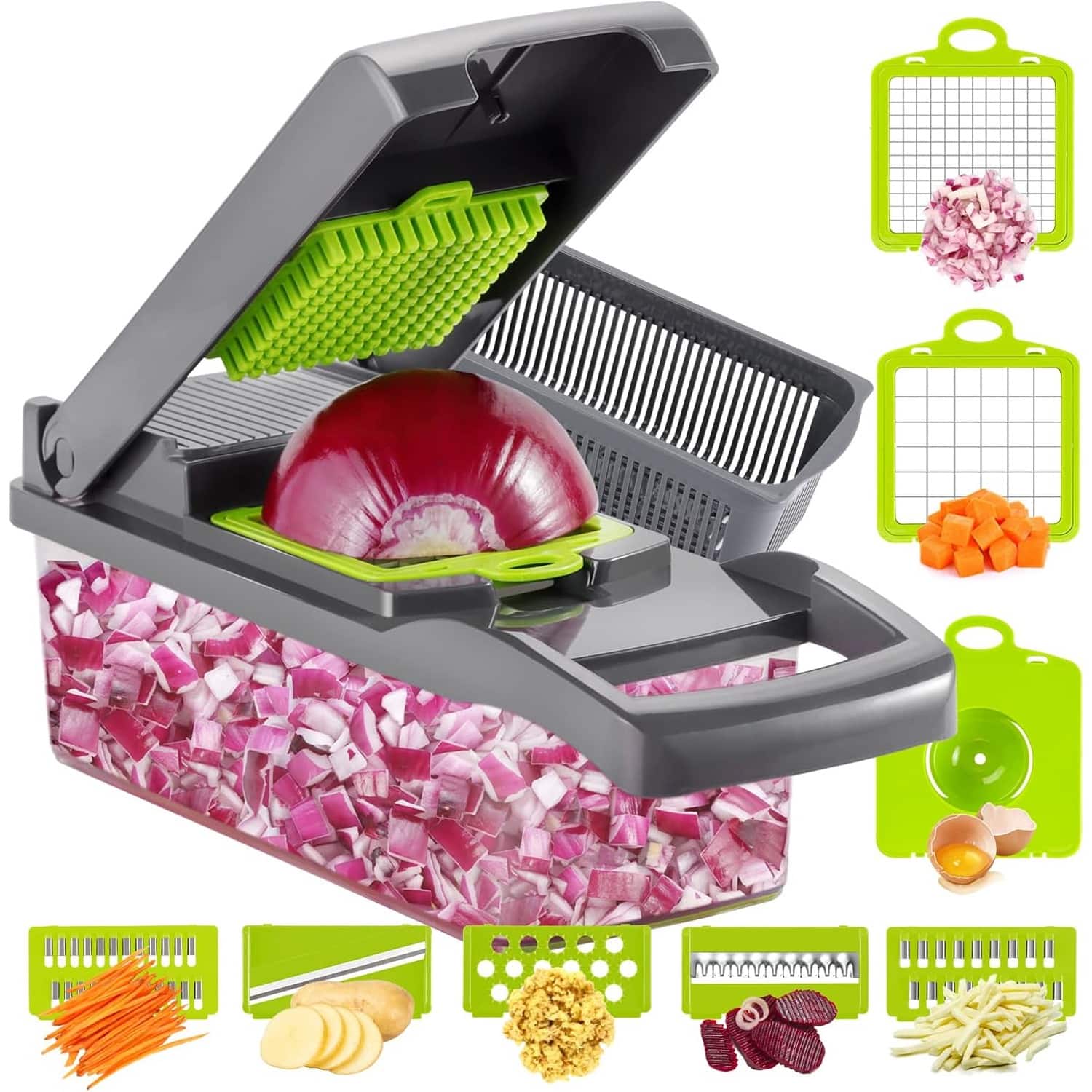 PARKER SLATER - 12-in-1 Vegetable Chopper and Onion Cutter with 8 Blades, Strainer Basket, Mandoline Slicer for Kitchen, Gray - Grey