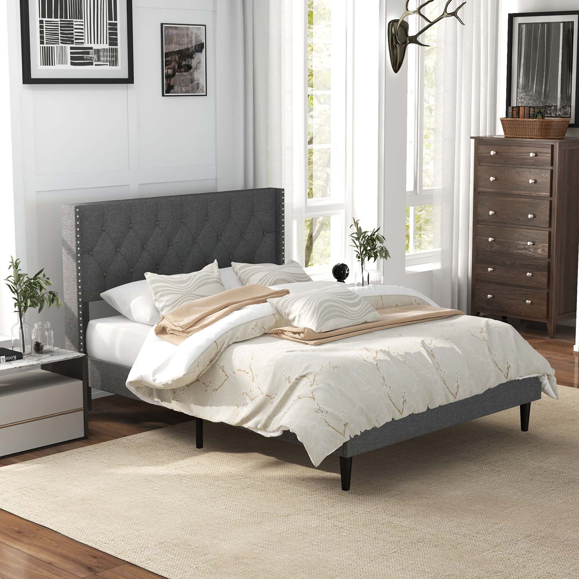 Alt View 4. Costway - Costway Full Size Upholstered Platform Bed Button Tufted Headboard Mattress Foundation - Grey.