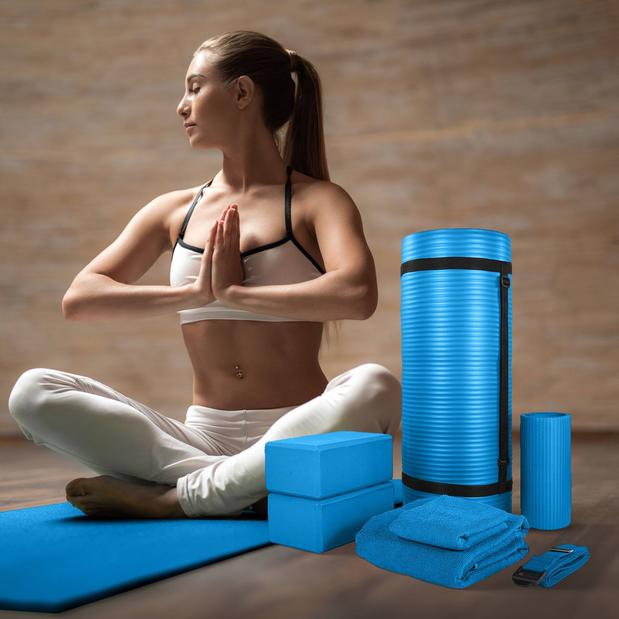 Alt View 3. BalanceFrom Fitness - BalanceFrom Fitness 7 Piece Yoga Set with Mat, Stretch Strap, & Knee Pad, Blue - Blue.