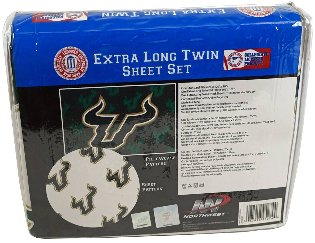 **EXTRA LONG TWIN SHEET SET**

**COLLEGIATE LICENSED PRODUCT**

**One Standard Pillowcase (20"x 30")**
**One Extra Long Twin Flat Sheet (66"x 102")**
**One Extra Long Twin Fitted Sheet (Fits Mattress size 80"x 39")**

**Contents:**
- 55% Cotton, 45% Polyester

**Care Instructions:**
- Wash cold before use with like colors.
- Use non-chlorine bleach when needed.
- Tumble dry low.
- Use warm iron when needed.

**Made in China**

**Pillowcase Pattern:**
- One standard pillowcase (50cm x 76cm)

**Sheet Pattern:**
- One extra long twin flat sheet (167.64cm x 259cm)
- One extra long twin fitted sheet (203.2cm x 99.06cm)

**Instructions:**
- Lavage à l'eau froide avant utilisation avec des couleurs similaires.
- Utilisez un blanchisseur sans chlore, si nécessaire.
- Séchage à basse température.
- Utilisez