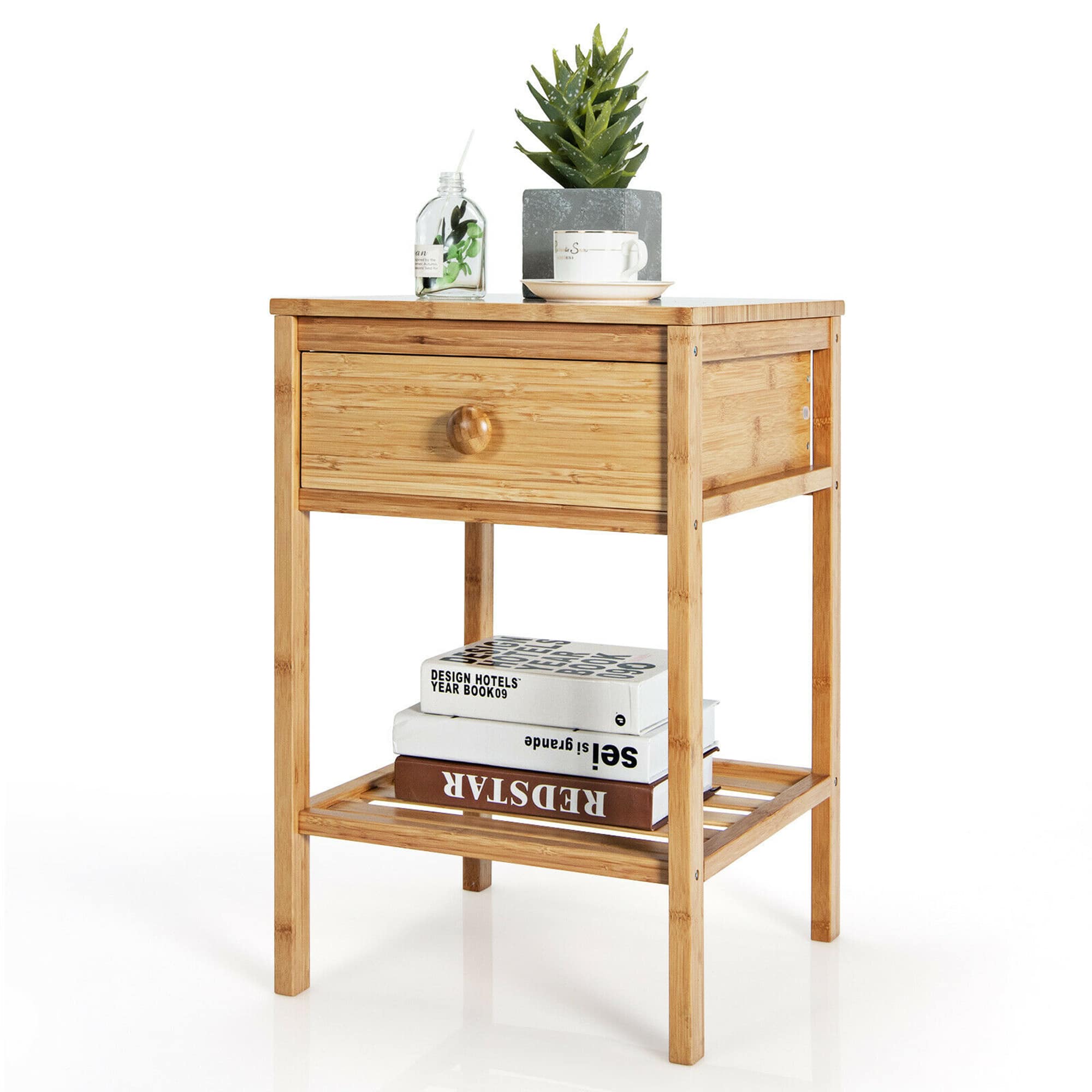 Costway - Bamboo Nightstand Side End Table w/Drawer for Living Room Bedroom - Natural