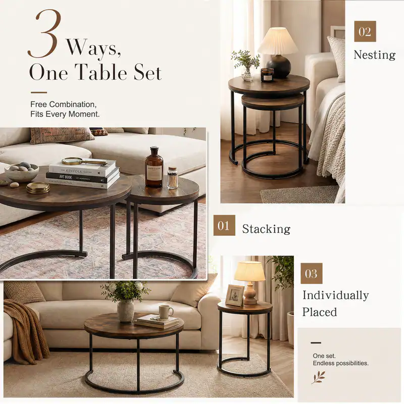 3 Ways, One Table Set

Free Combination, Fits Every Moment.

01 Stacking

02 Nesting

03 Individually Placed

One set. Endless possibilities.