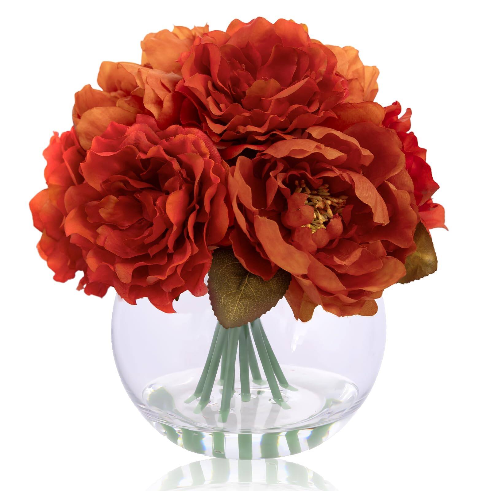 Back. Siljoy - Burnt Orange Silk Peony Arrangement, Faux Water Vase, Fall Winter Wedding Decor Gift - red.