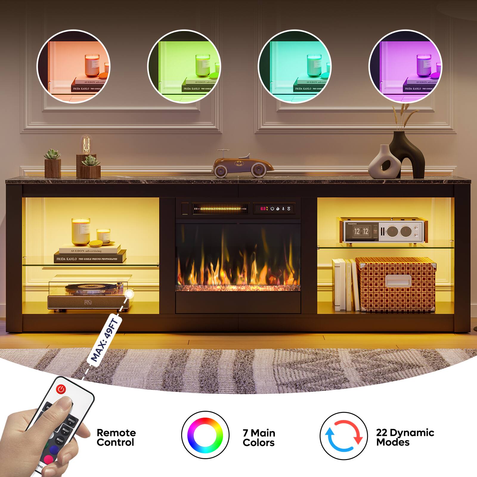 The image features a fireplace with a remote control that allows for various color and mode options. The remote control has a colorful display with seven main colors and 22 dynamic modes. The fireplace is located in a living room, and it is surrounded by several books and decorative items, such as vases. The fireplace is the main focus of the image, and the remote control serves as a convenient way to control its settings.