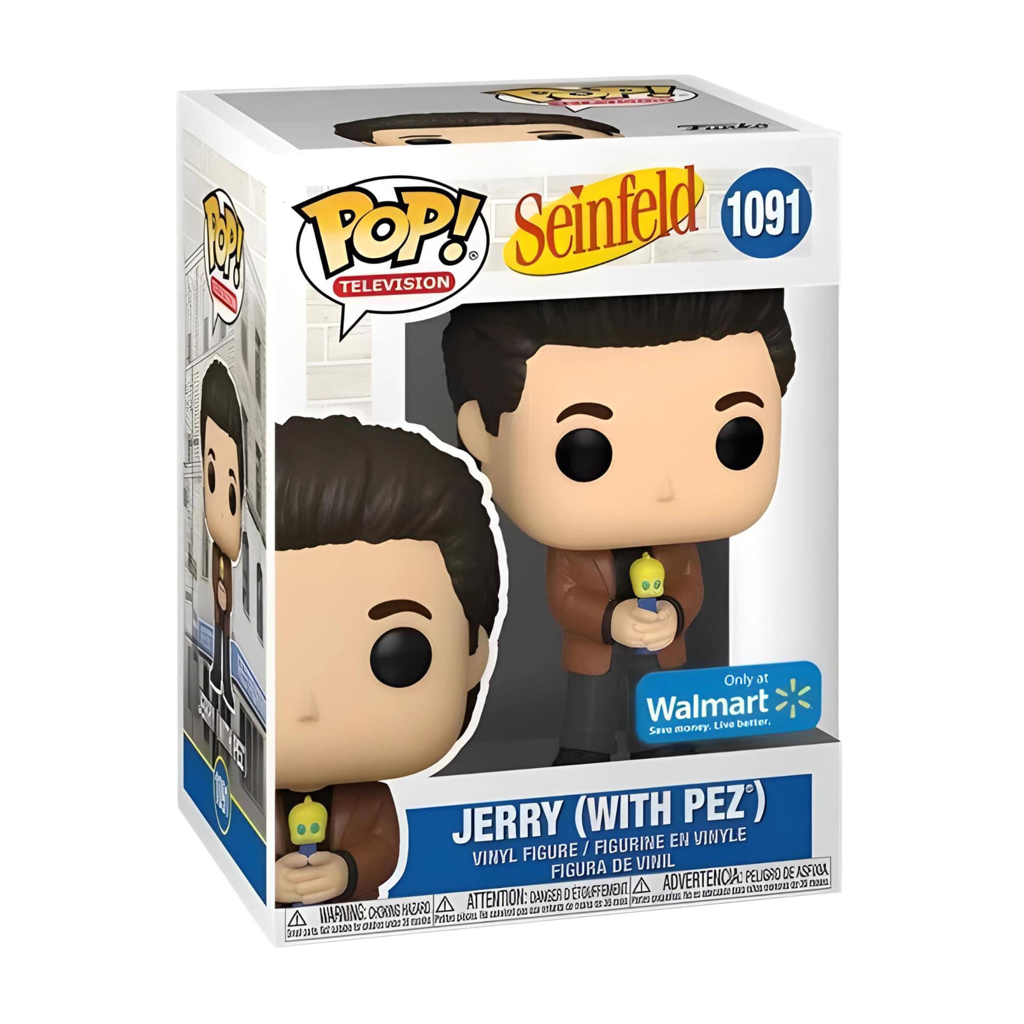 Sure, here is the corrected and grouped text from the image:

---

**Front:**
- POP! TELEVISION
- Seinfeld 1091
- JERRY (WITH PEZ)
- VINYL FIGURE / FIGURINE EN VINYLE / FIGURA DE VINIL
- Only at Walmart
- Save money. Live better.

**Side:**
- WARNING: CHOKING HAZARD - Small parts. Not for children under 3 years.
- ATTENTION: PELIGRO DE ASFIXIA - Piezas pequeñas. No es para niños menores de 3 años.
- ADVERTENCIA: PEQUEÑOS OBJETOS QUE PUEDE CAUSAR ASFIXIA. NO ES PARA NIÑOS MENORES DE 3 AÑOS.

**Bottom:**
- POP! VINYL
- © 2023 FUNKO, LLC
- Made in China
- 100% Recyclable Packaging
- 100% Embalaje Reciclable

---