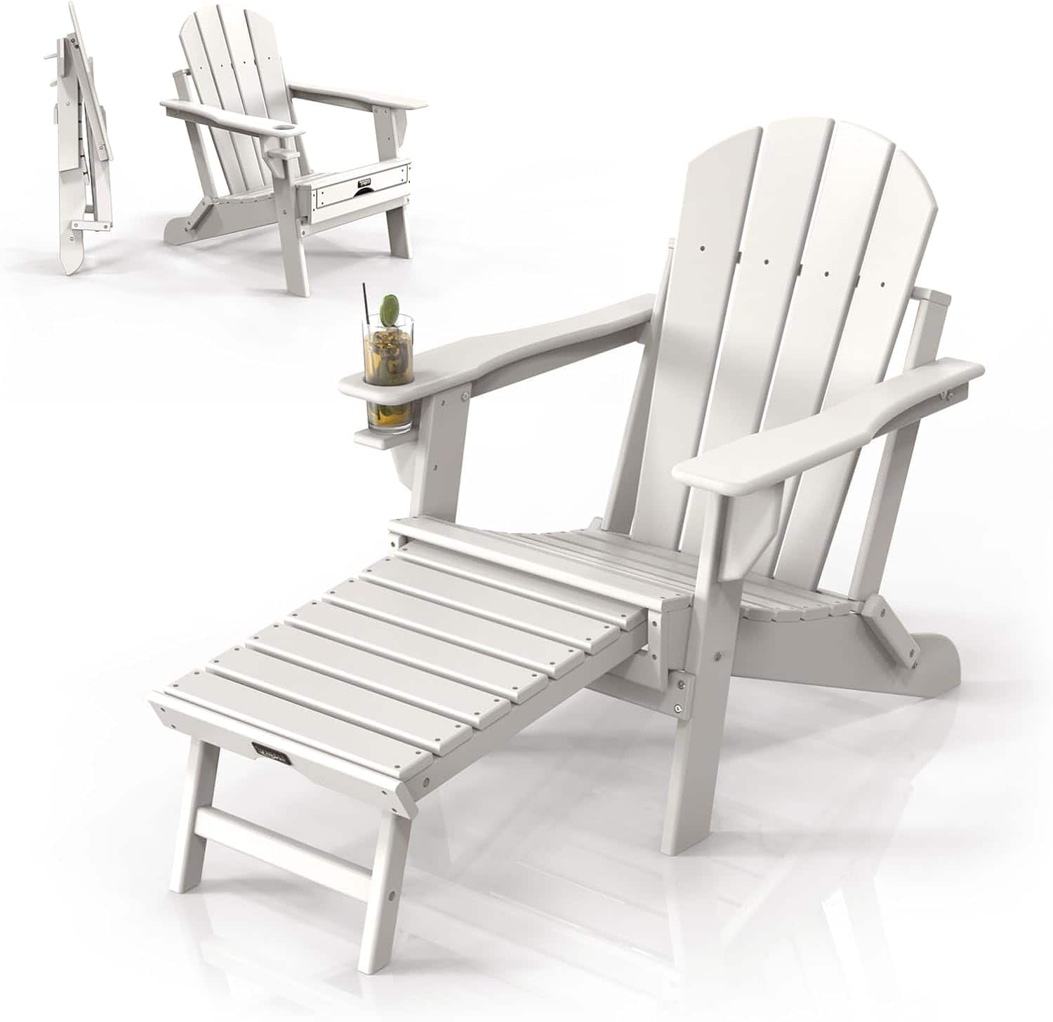 Winado - Folding Adirondack Chair with Cup Holder, Hidden Footrests, Foldable Ergonomics Seating for Outdoor Porch Yard Garden - White