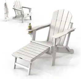 Winado - Folding Adirondack Chair with Cup Holder, Hidden Footrests, Foldable Ergonomics Seating for Outdoor Porch Yard Garden - White