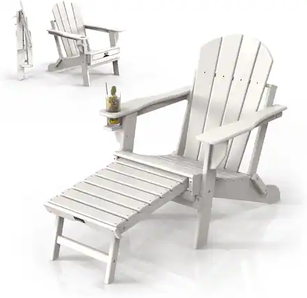 Front. Winado - Folding Adirondack Chair with Cup Holder, Hidden Footrests, Foldable Ergonomics Seating for Outdoor Porch Yard Garden - White.
