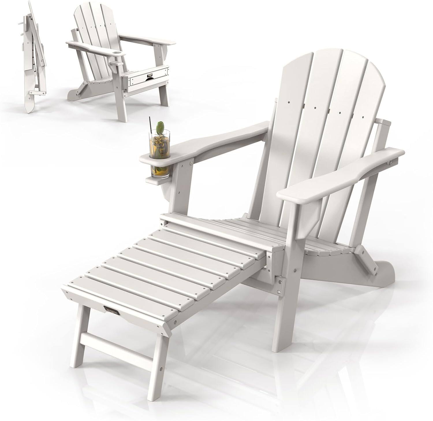 Front. Winado - Folding Adirondack Chair with Cup Holder, Hidden Footrests, Foldable Ergonomics Seating for Outdoor Porch Yard Garden - White.