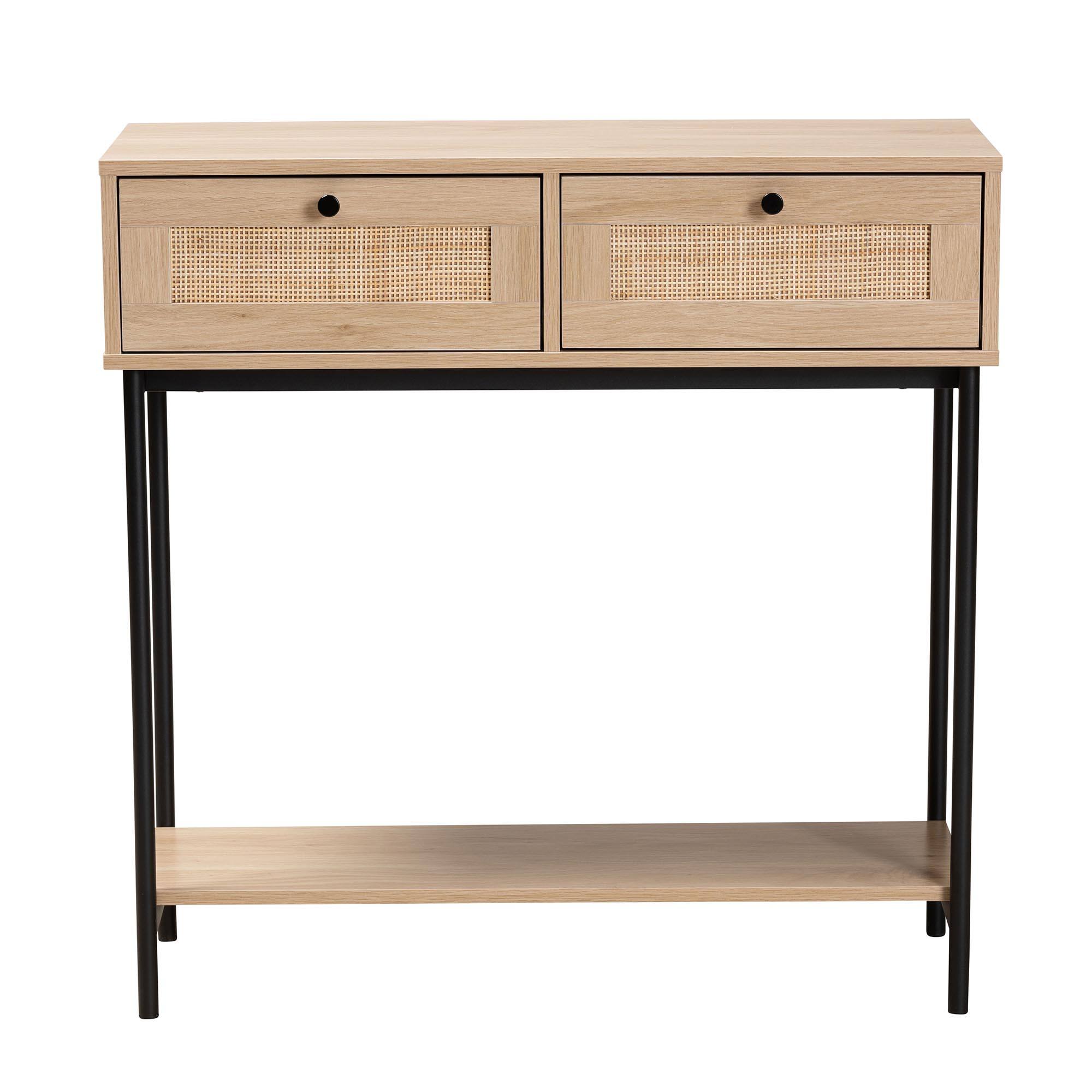 Left. Baxton Studio - Sherwin Mid-Century Modern  and 2-Drawer Console Table with Woven Rattan Accent - Light Brown/Black.