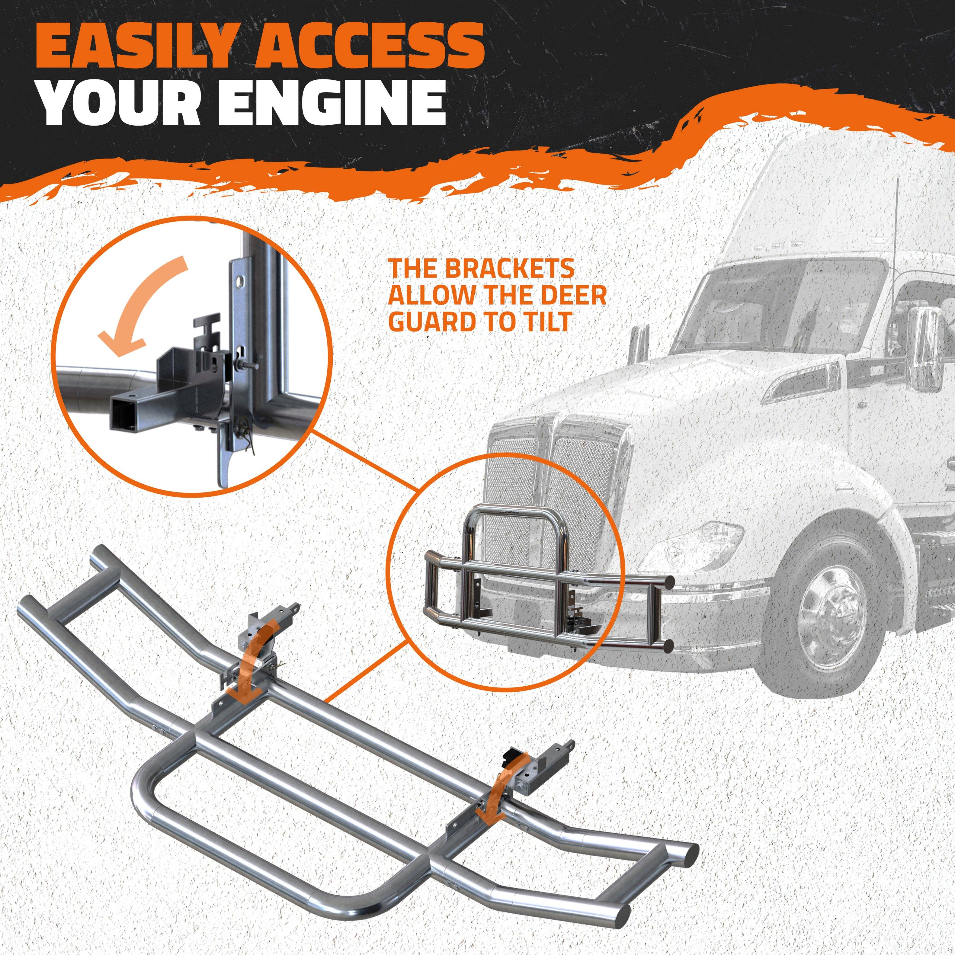 EASILY ACCESS YOUR ENGINE

THE BRACKETS ALLOW THE DEER GUARD TO TILT