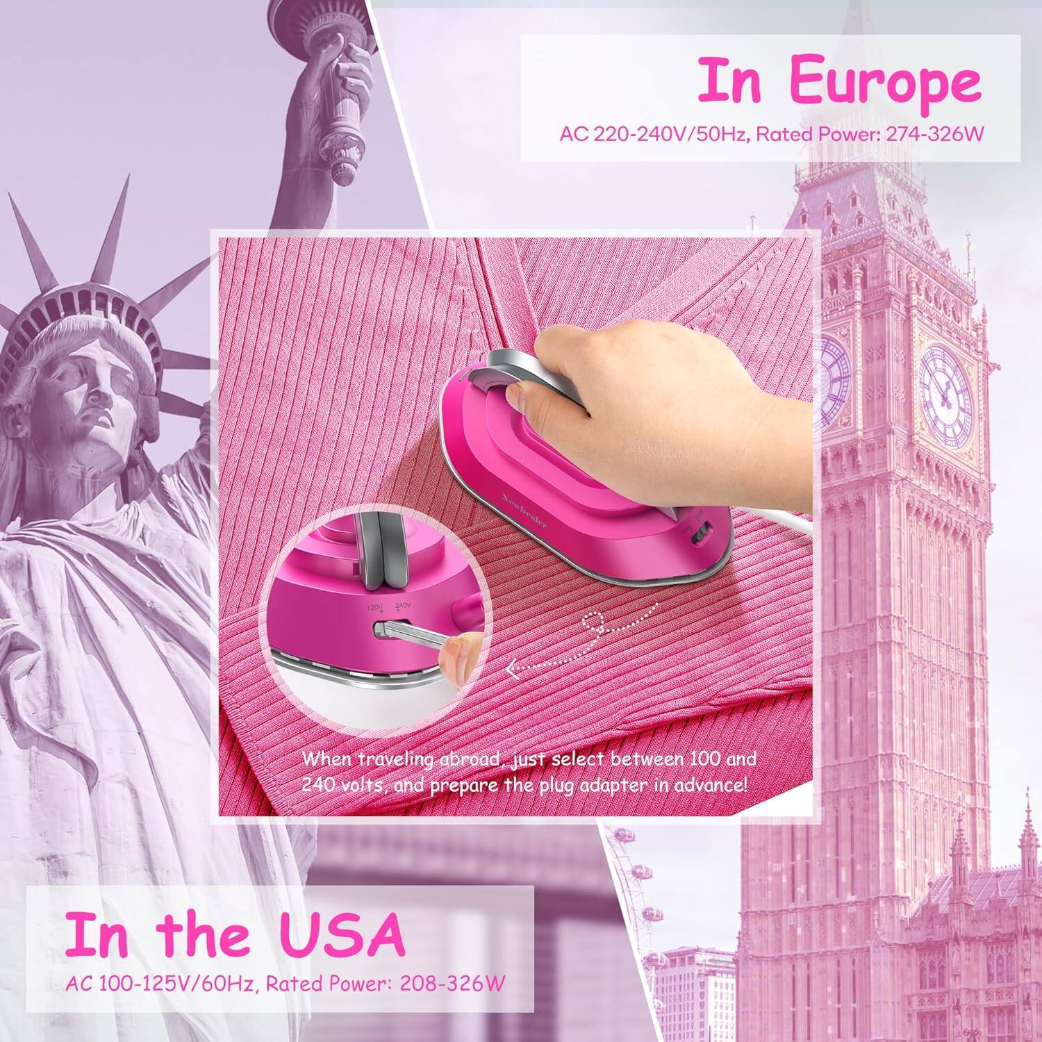 In Europe  
AC 220-240V/50Hz, Rated Power: 274-326W  

When traveling abroad, just select between 100 and 240 volts, and prepare the plug adapter in advance!  

In the USA  
AC 100-125V/60Hz, Rated Power: 208-326W