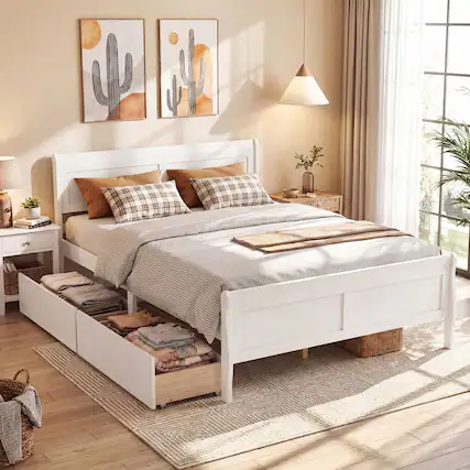 Front. Costway - Costway Queen Size Bed Frame with Storage Drawers, Wood Platform Bed with Headboard Footboard - White.