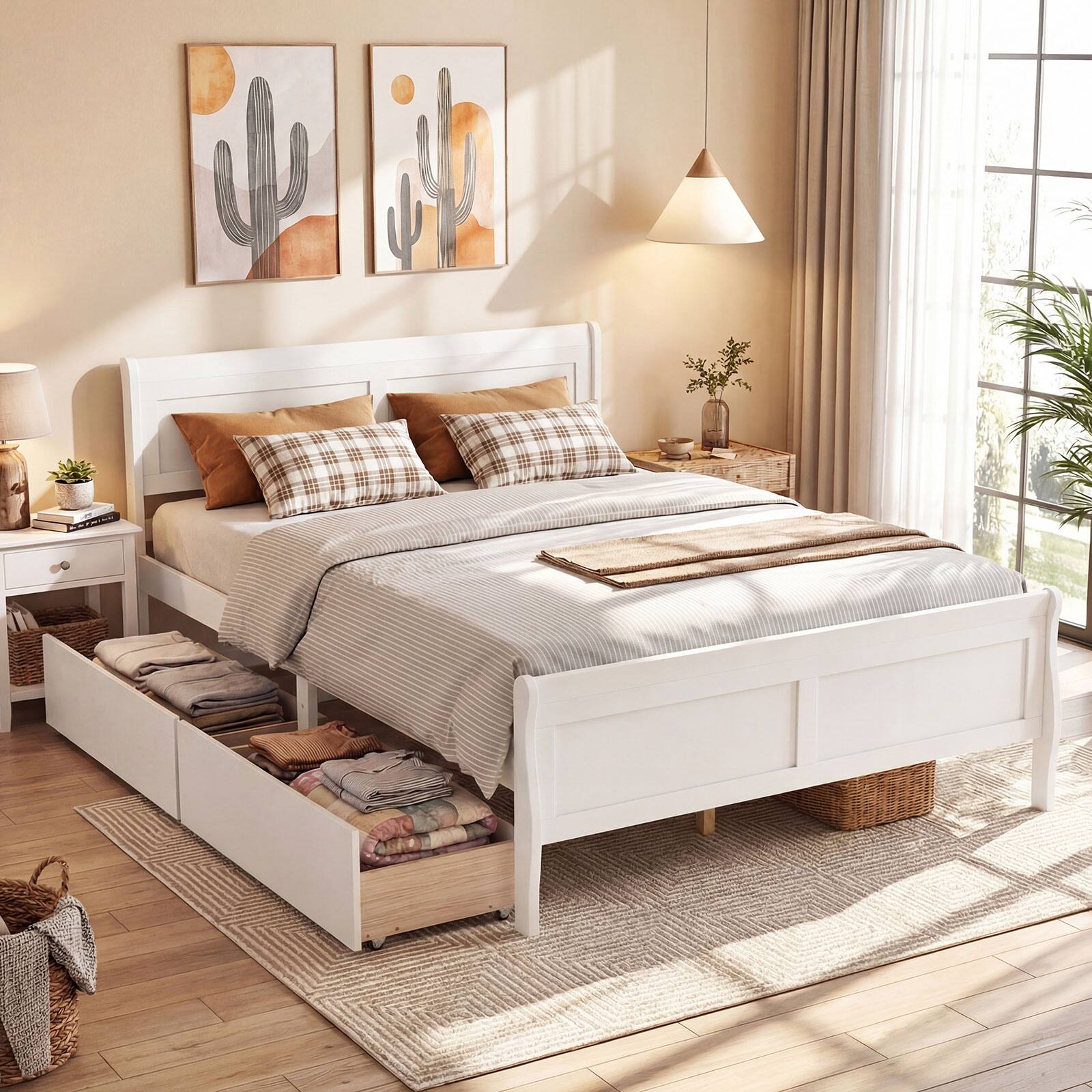 Alt View 1. Costway - Costway Queen Size Bed Frame with Storage Drawers, Wood Platform Bed with Headboard Footboard - White.
