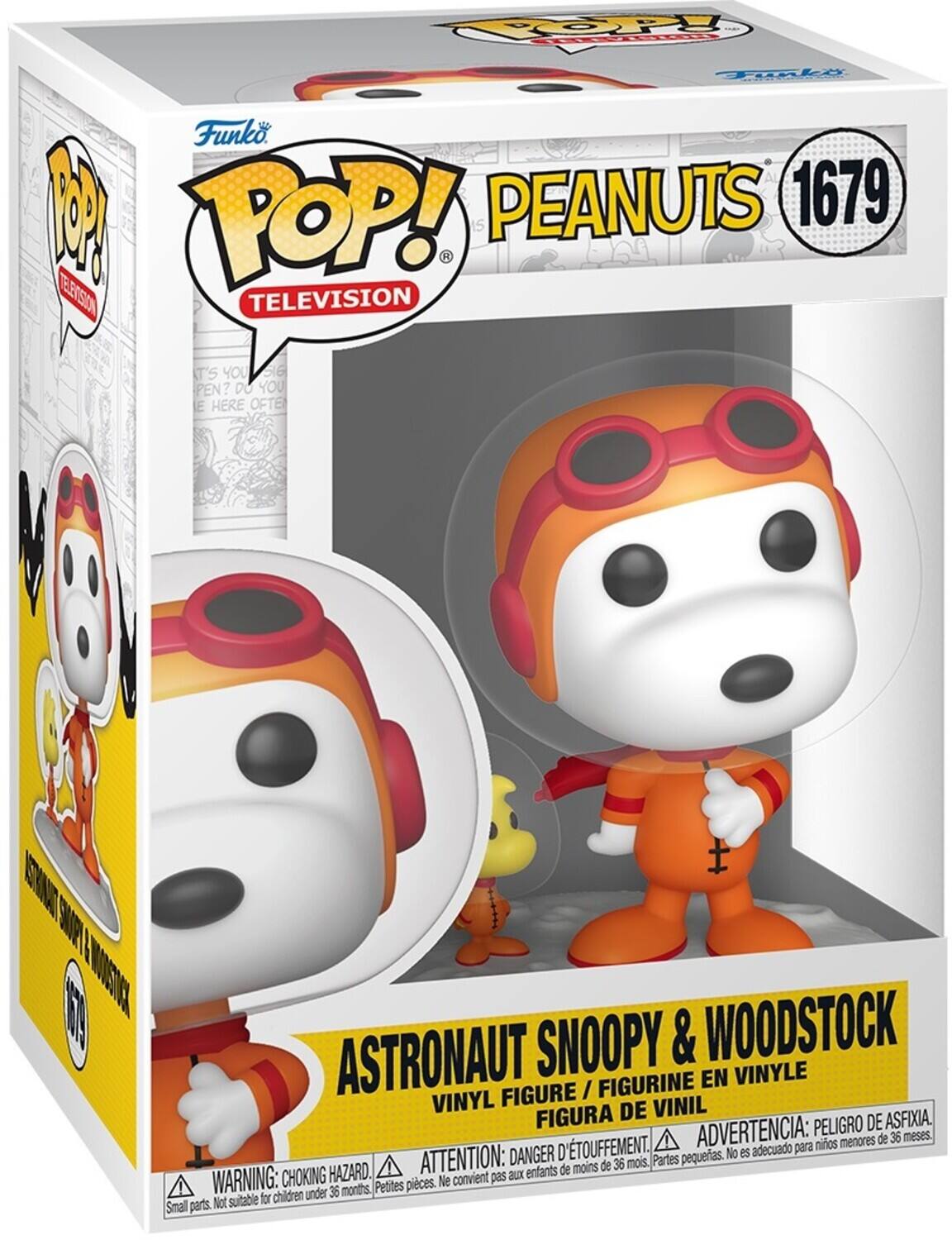 Sure, here is the corrected and grouped text from the image:

---

**Funko POP! TELEVISION**

**PEANUTS 1679**

**ASTRONAUT SNOOPY & WOODSTOCK**

**VINYL FIGURE / FIGURINE EN VINYLE / FIGURA DE VINIL**

**WARNING: CHOKING HAZARD. Small parts. Not suitable for children under 36 months.**

**ATTENTION: aux enfants de moins de 36 mois.**

**ADVERTENCIA: PEOR DE ASFIXIA. No es adecuado para niños menores de 36 meses.**

**DANGER: D'ÉTOUFFEMENT. Ne convient pas aux enfants de moins de 36 mois.**

**PETITES PIÈCES. Ne convient pas aux enfants de moins de 36 mois.**

**PELIGRO DE ASFIXIA. No es adecuado para niños menores de 36 meses.**

---

This text is organized to reflect the warnings and product information as seen on the packaging.