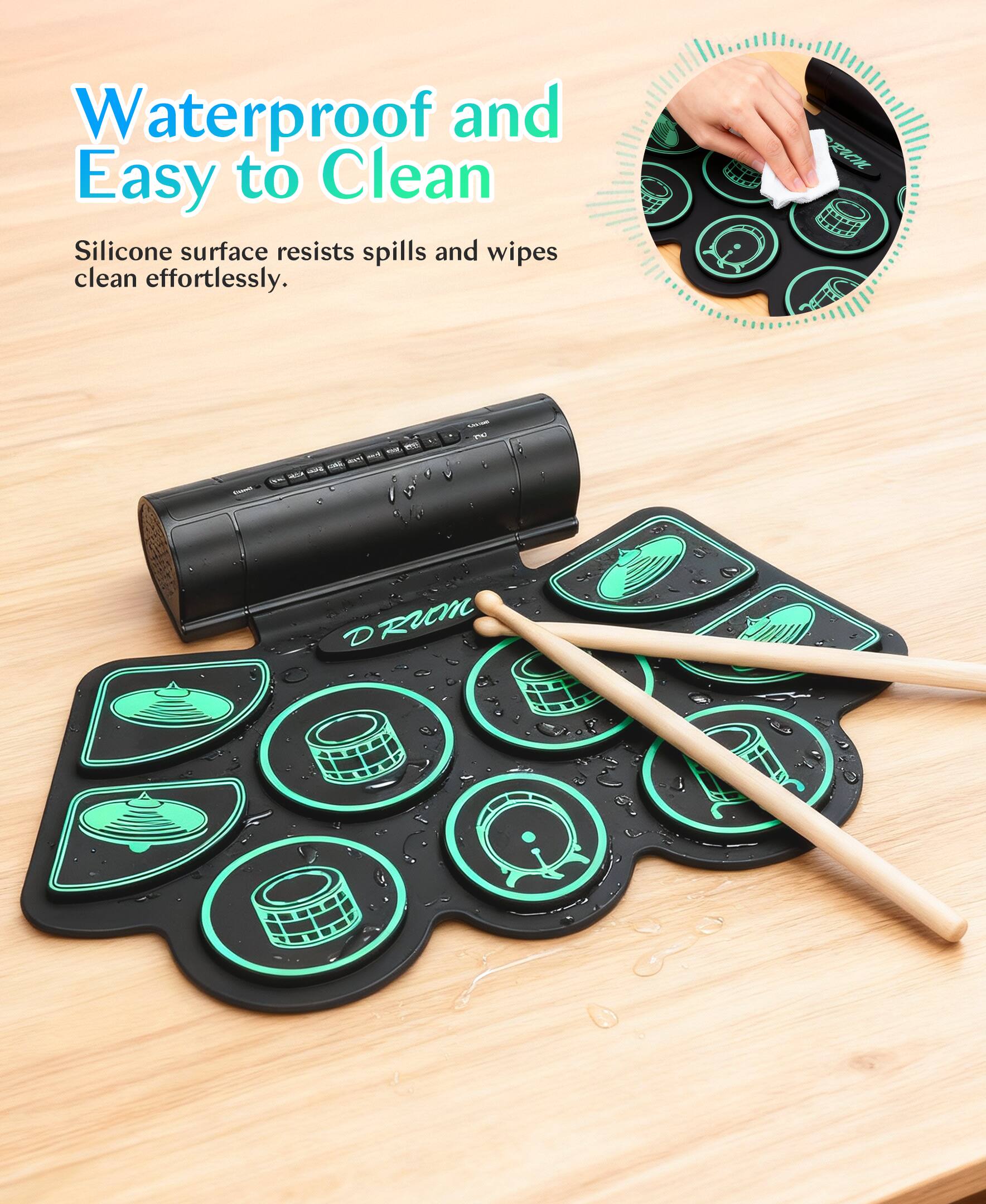 Back. Sugift - Kids Roll-Up Electronic Drum Set with Speakers, Headphone Jack & Foot Pedals - Green - Green.