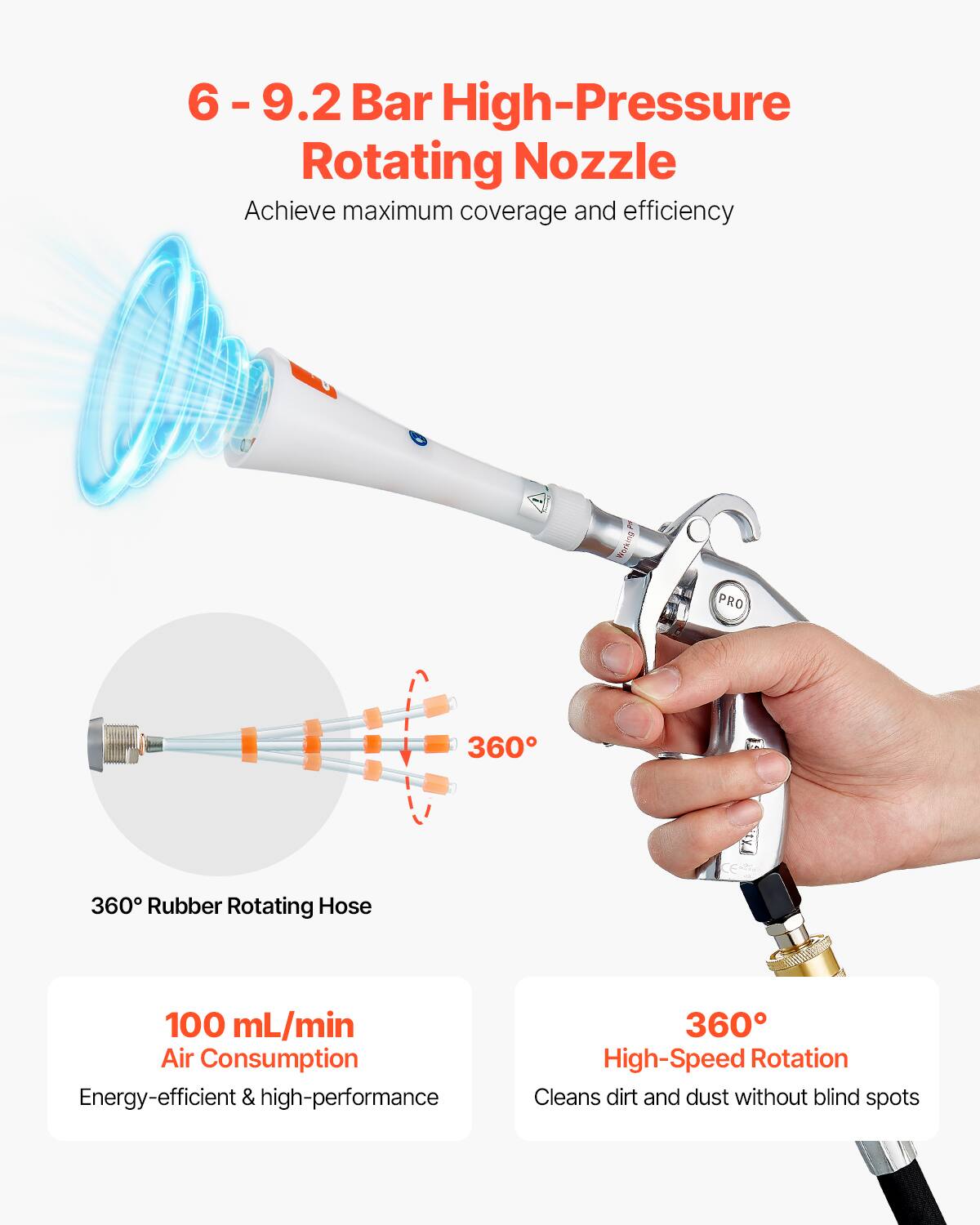 6-9.2 Bar High-Pressure Rotating Nozzle: Achieve maximum coverage and efficiency.

Wering PRO 360° Rubber Rotating Hose: 100 mL/min Air Consumption. Energy-efficient & high-performance.

360° High-Speed Rotation: Cleans dirt and dust without blind spots.
