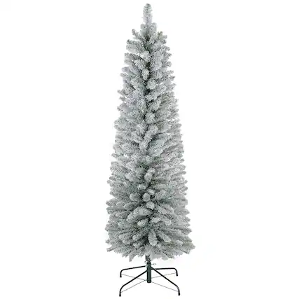 Front. Homcom - Artificial Pencil Christmas Tree with 263 Snow Flocked Tips, Metal Base, Realistic Xmas Tree - green.