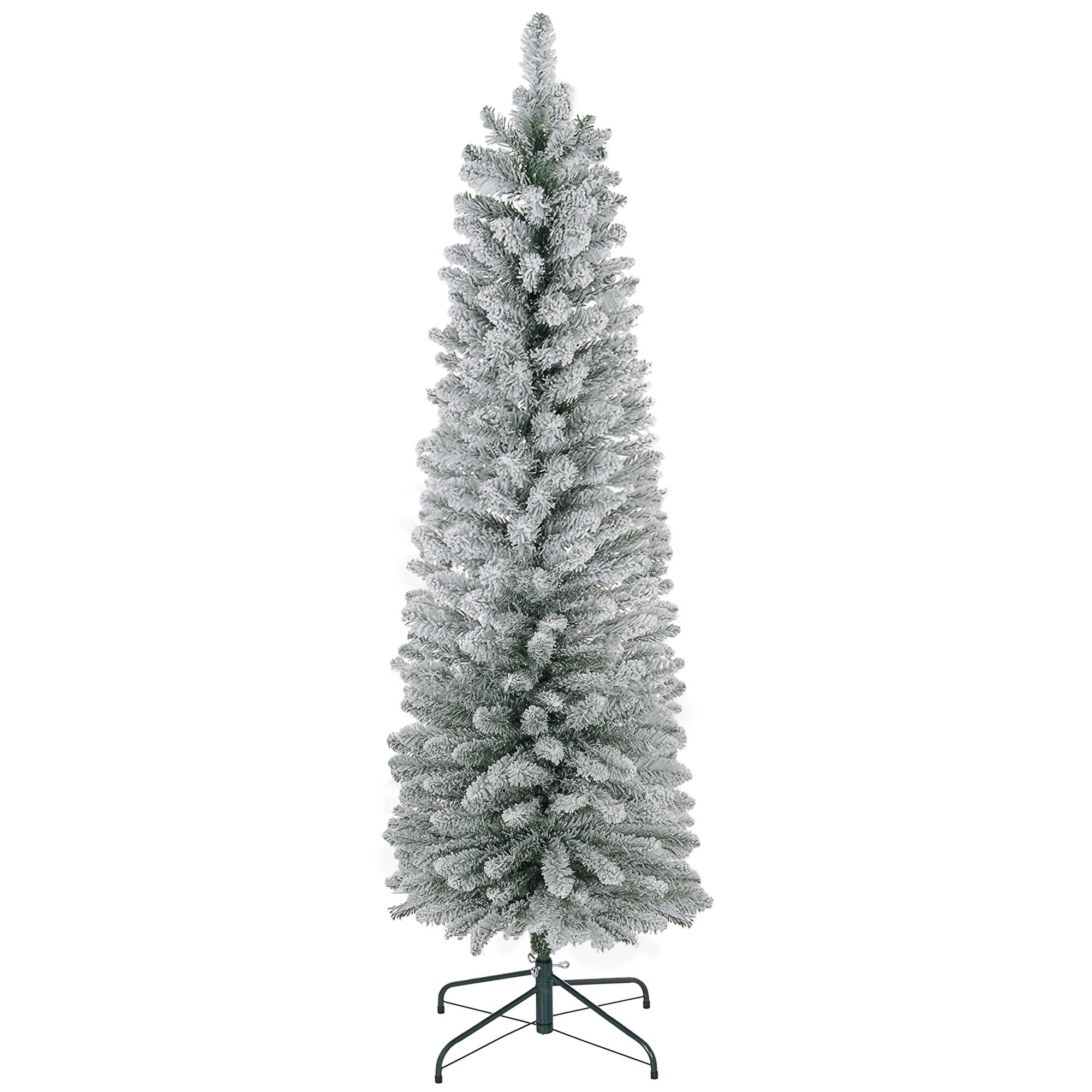 Homcom - Artificial Pencil Christmas Tree with 263 Snow Flocked Tips, Metal Base, Realistic Xmas Tree - Green