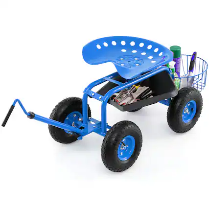 Front. Gymax - Gymax Rolling Garden Cart Scooter w/ Adjustable Seat Storage Basket Tray Blue - Blue.