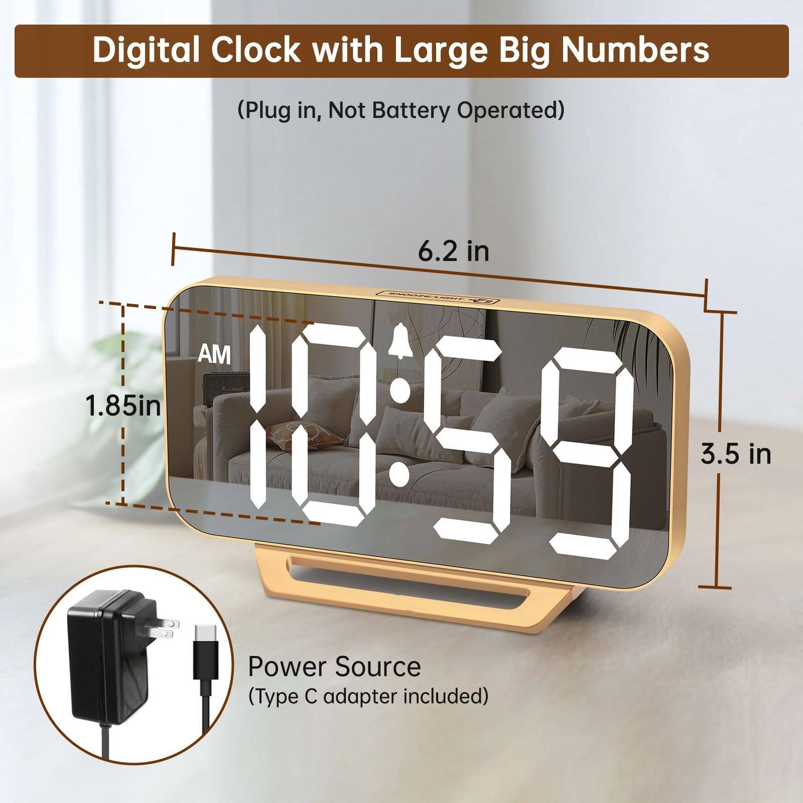 Angle. Dazzed Corner - Digital Mirror Alarm Clock,Plug in LED Modern Clock, Battery Backup - Gold.
