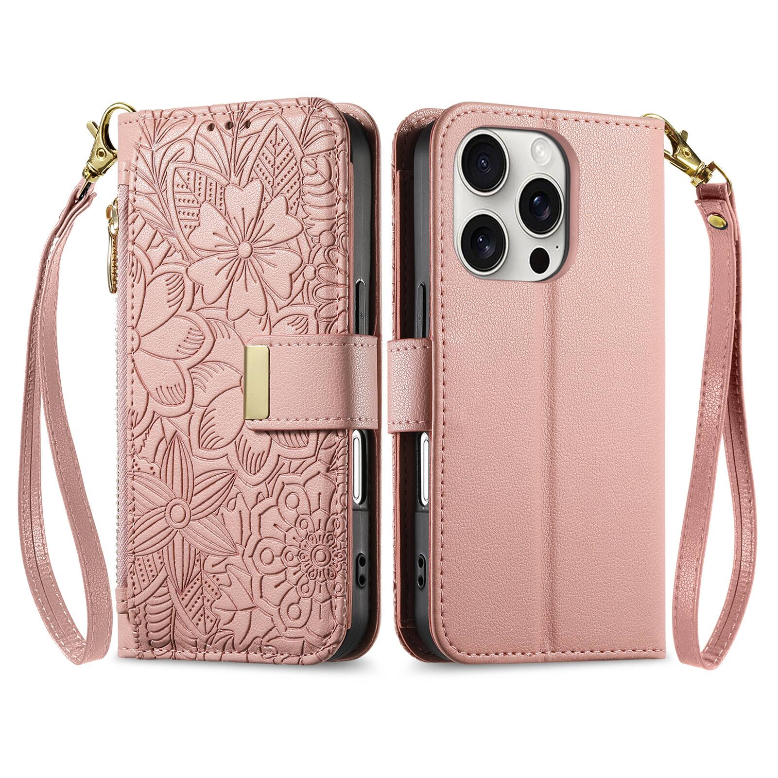 Angle. UUCOVER - Floral PU Leather Wallet Case for iPhone 16 Pro with Zipper Pocket, Card Slots,Shoulder & Wrist Strap, Stand Phone Cover - Rosegold.