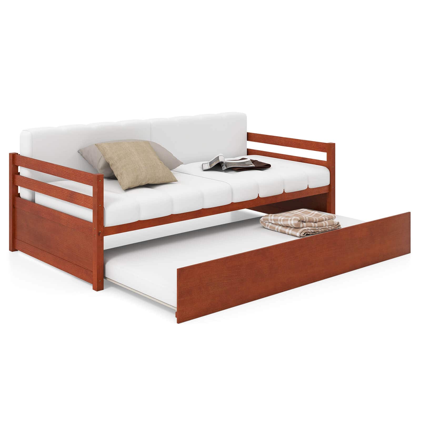 Costway - Twin Size Trundle Daybed Wooden Slat Support Mattress Platform for Kids - Walnut
