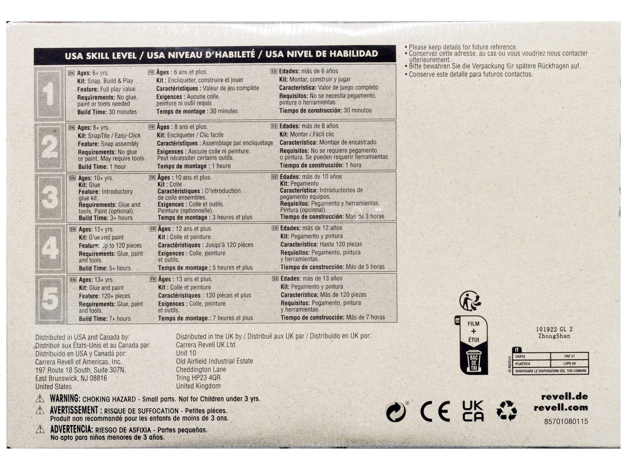 **USA SKILL LEVEL / USA NIVEAU D'HABILITÉ / USA NIVEL DE HABILIDAD**

1. **Ages: 6 yrs.**  
   - Kit: Snap, Build & Play  
   - Feature: Full play value  
   - Requirements: No glue, paint or tools needed  
   - Build Time: 30 minutes  

2. **Ages: 8 yrs.**  
   - Kit: Snap/Tite / Easy-Click  
   - Feature: Snap assembly  
   - Requirements: No glue or paint. May require tools  
   - Build Time: 1 hour  

3. **Ages: 10 yrs.**  
   - Kit: Glue and paint  
   - Feature: Introductory  
   - Requirements: Glue and paint (optional)  
   - Build Time: 3+ hours  

4. **Ages: 12 yrs.**  
   - Kit: Glue and paint  
   - Feature: 120+ pieces  
   - Requirements: Glue, paint and tools  
   - Build Time: 5+ hours  

5. **Ages: 13+ yrs.**  
   - Kit: Gl