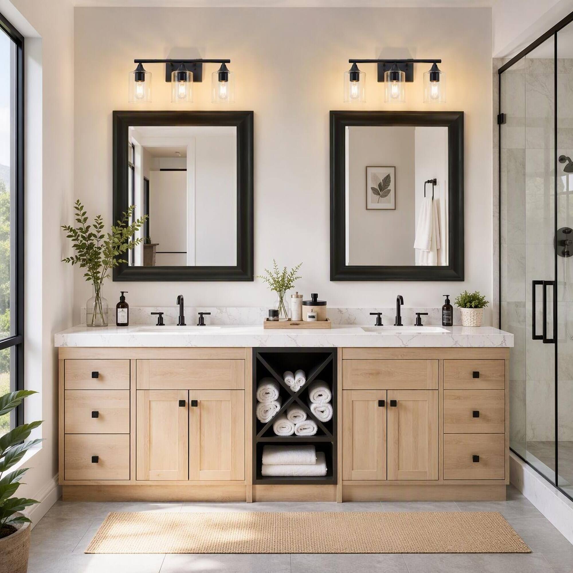 Back. RYHNUYNE - 3-Light Matte Black Bathroom Vanity Light with Clear Glass Shades, Damp-Proof Iron Wall Sconce for Mirror, Farmhouse.