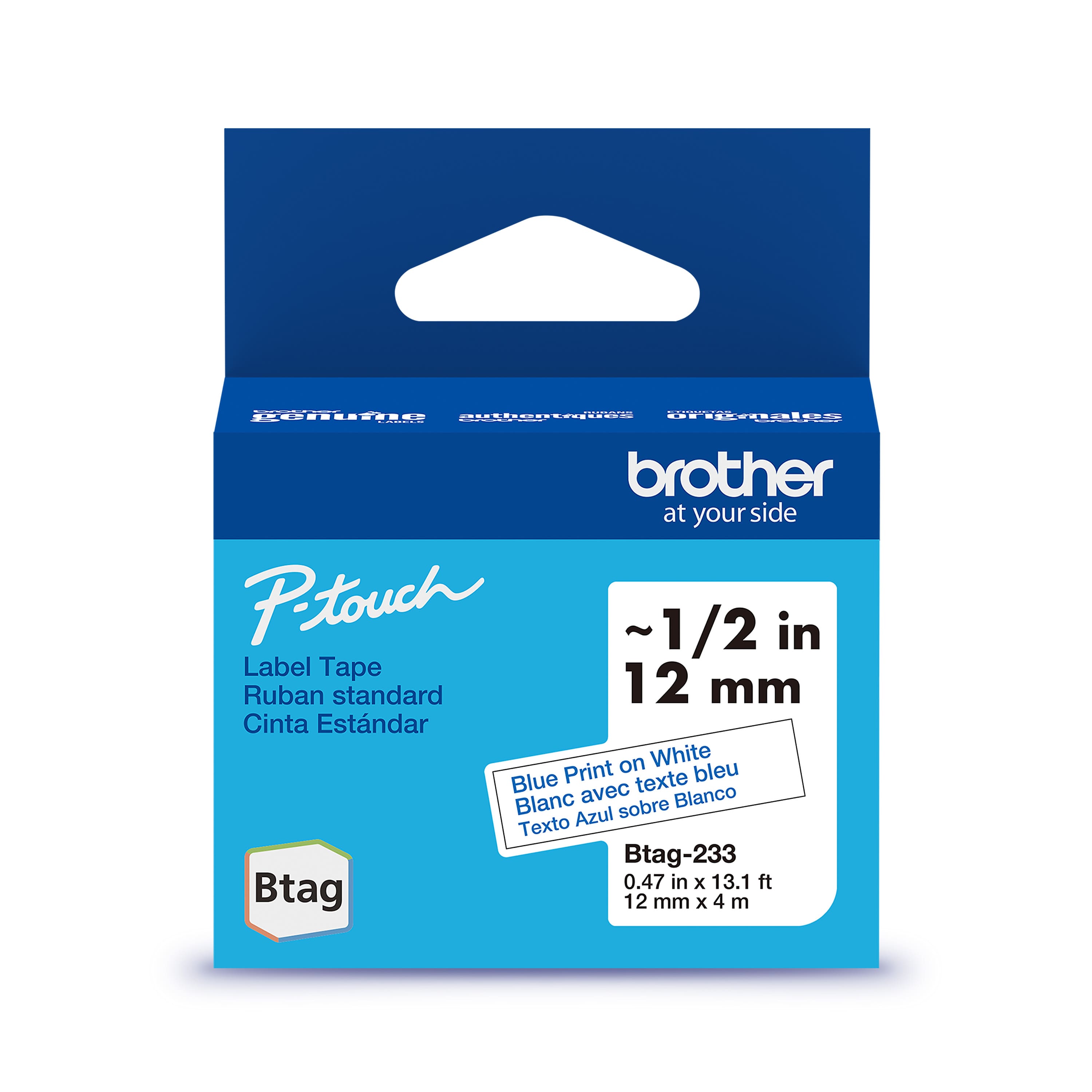 Brother - P-touch Btag Blue on White Label Tape (BTAG233), 1/2" x 13.1' (12mm x 4m), Only for use with PT-N10, PT-N20, PT-N25BT - Front_Zoom