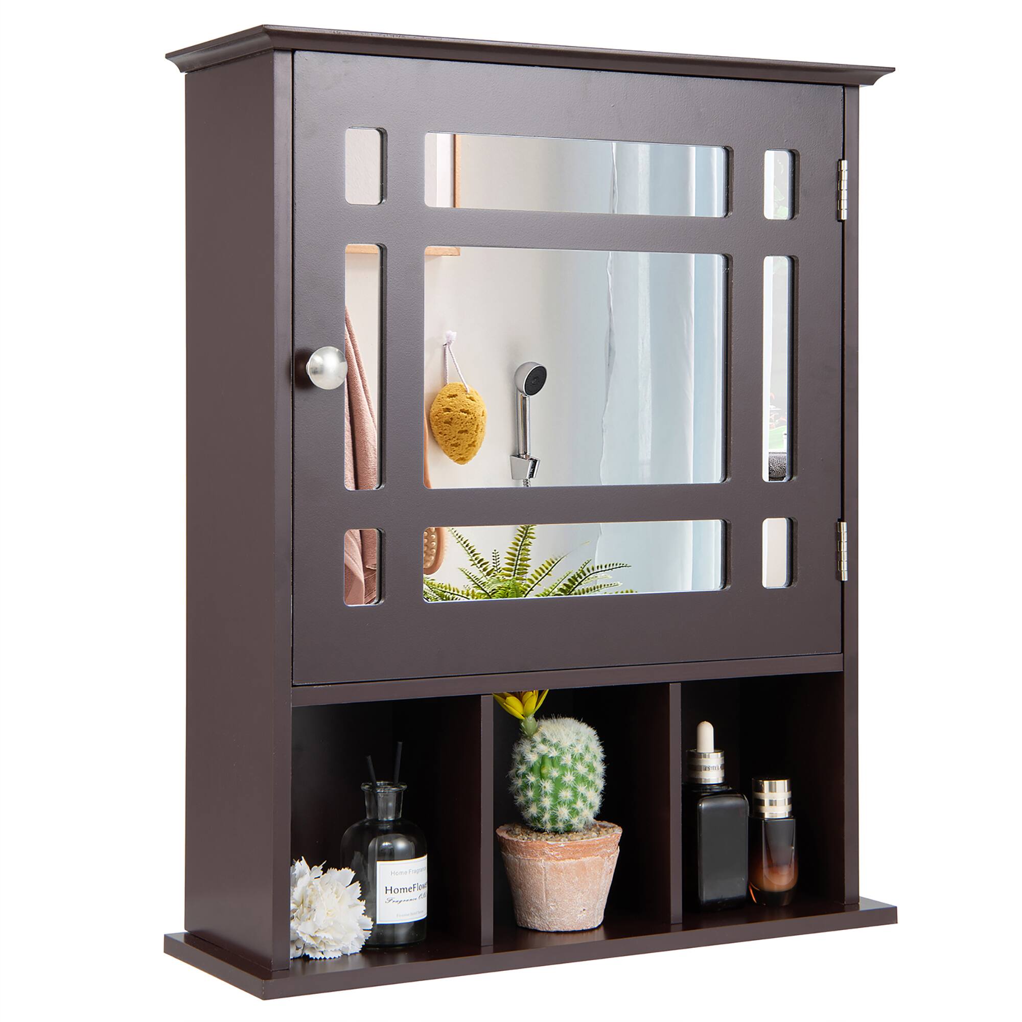 Costway - Mirrored Medicine Cabinet Bathroom Wall Mounted Storage W/Adjustable Shelf - Brown