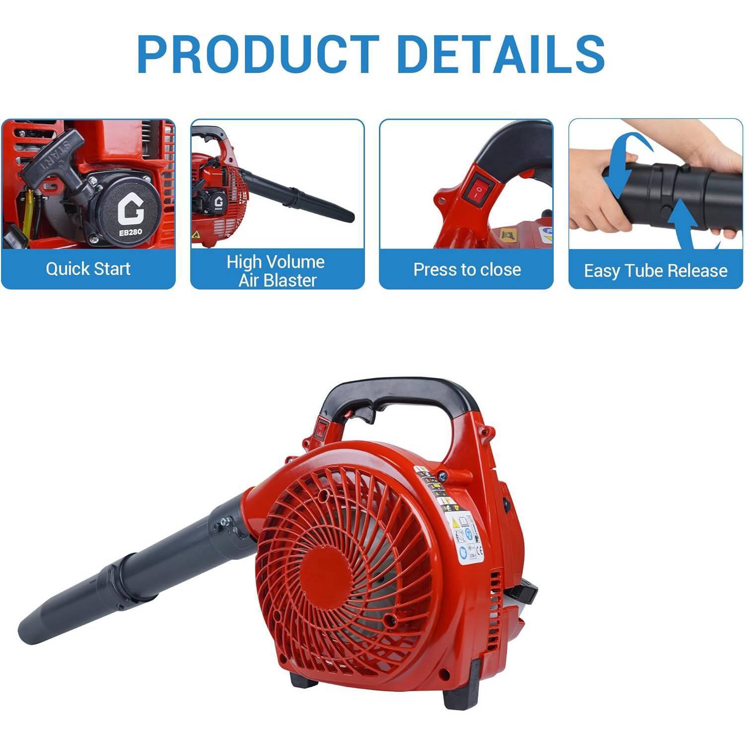Angle. Acekool - 28cc 2-Stroke 1.1 HP, 490 CFM, 280 MPH Handheld Gas Powered Leaf Blower for Effortless Lawn & Leaf Cleanup, Red - Red.