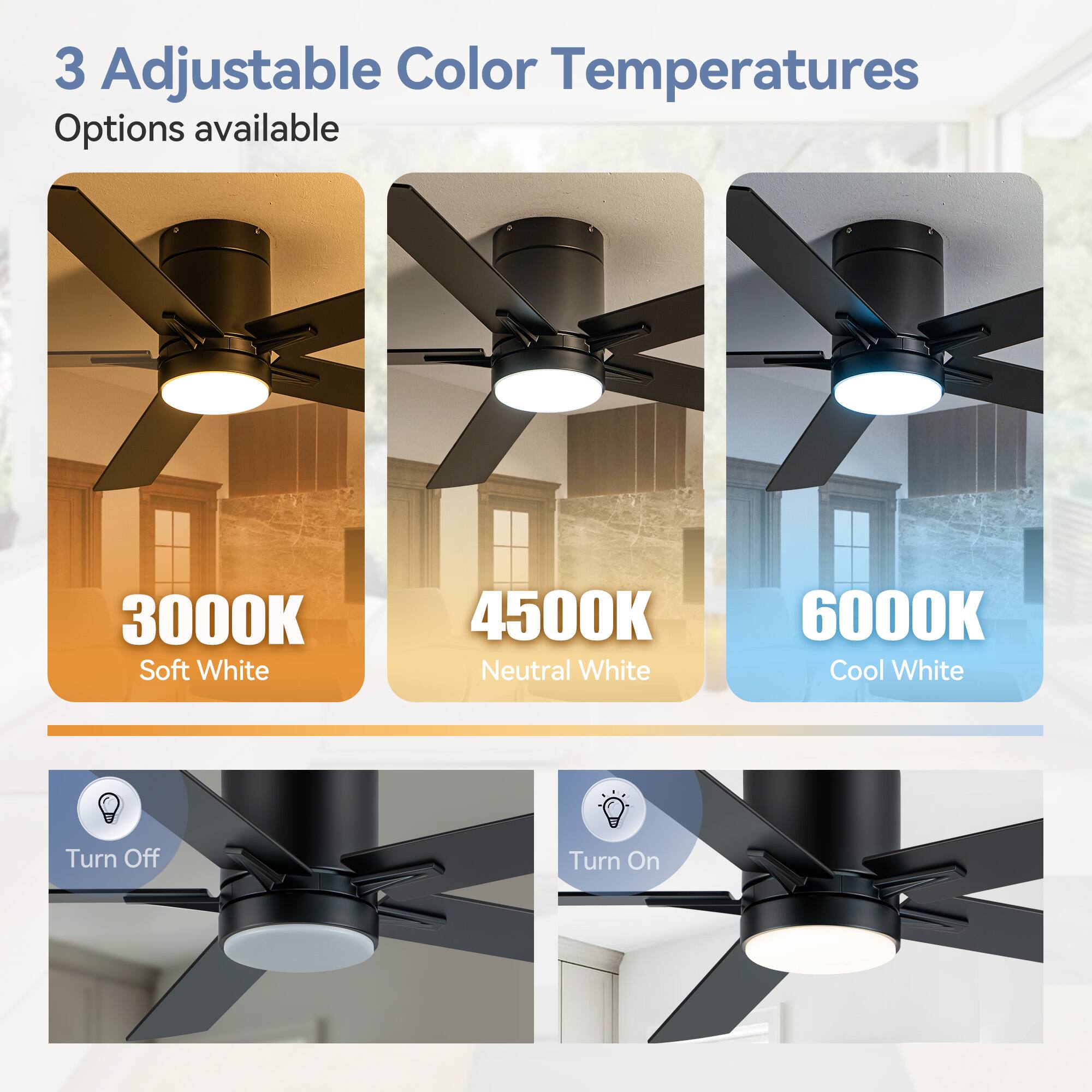 3 Adjustable Color Temperatures Options available
3000K Soft White
4500K Neutral White
6000K Cool White
Turn Off
Turn On