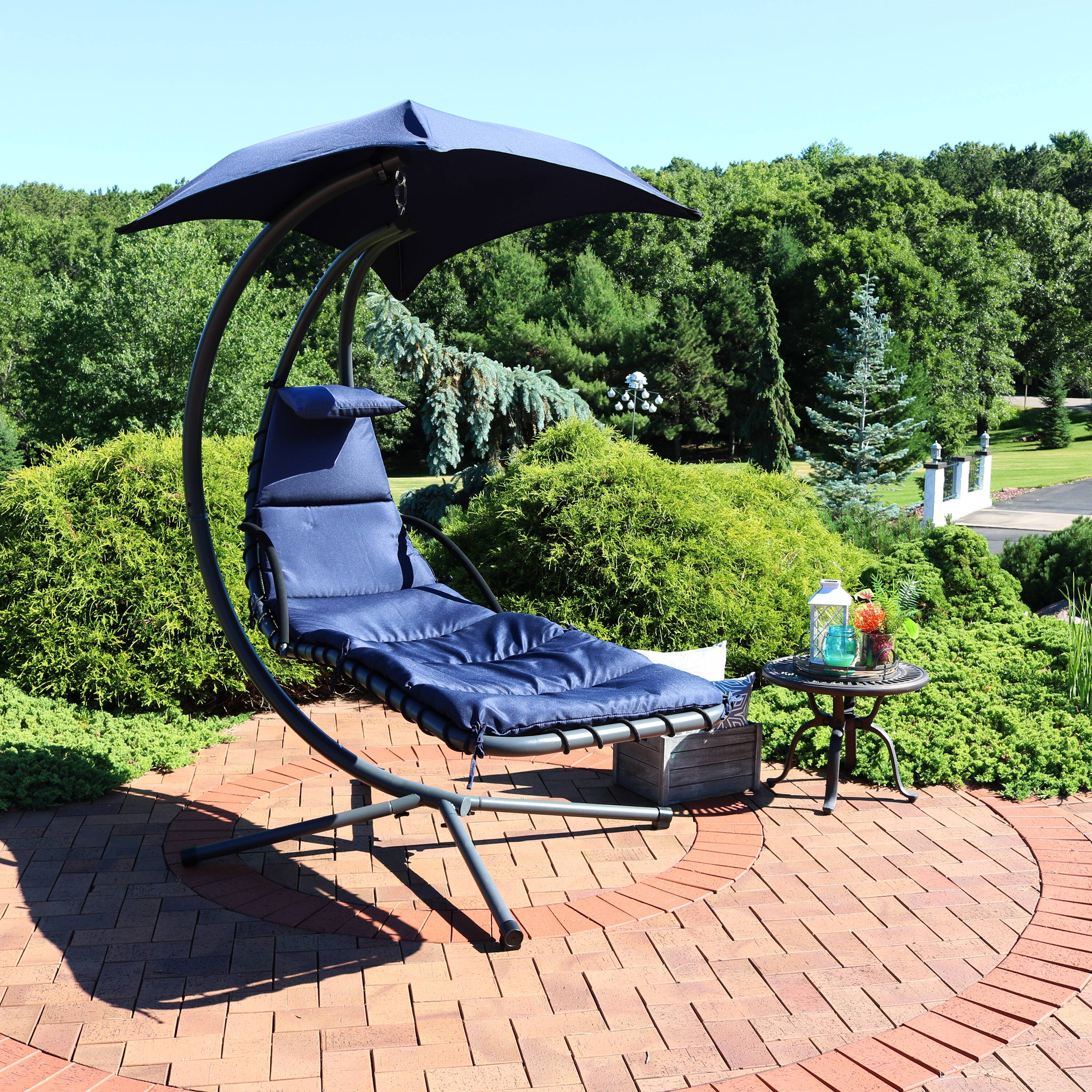 Alt View 3. Sunnydaze - Floating Lounge Chair with Umbrella and Curved Steel Stand - Navy Blue.