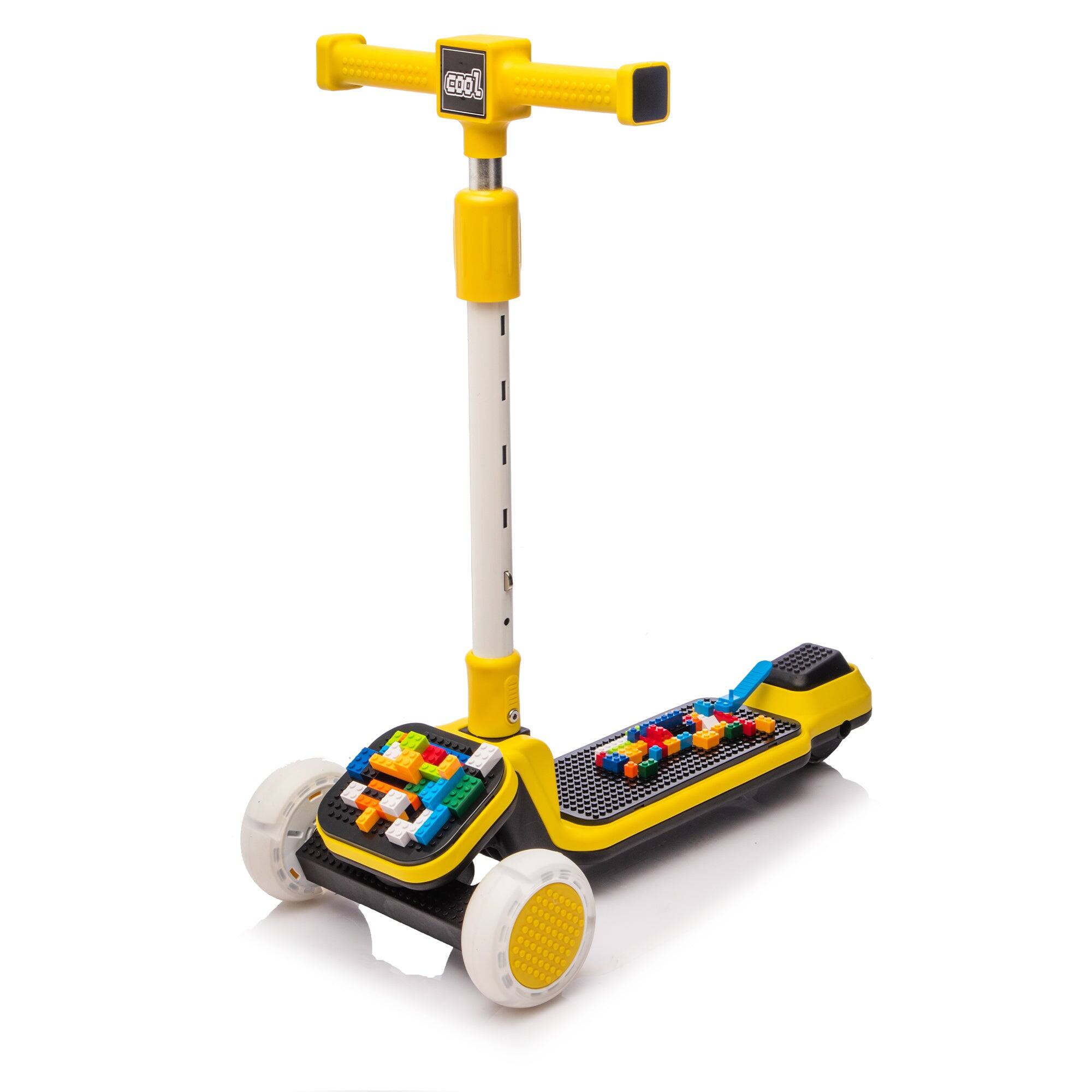 Back. BreeBe - Kids 3-Wheel Ride-On Scooter with Buildable Blocks, Flashing Wheels, Adjustable Handlebar, Ages 3-9 - Yellow.