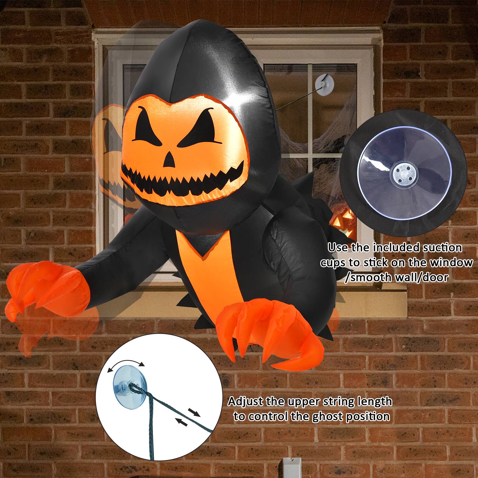 Use the included suction cups to stick on the window / smooth wall / door. Adjust the upper string length to control the ghost position.